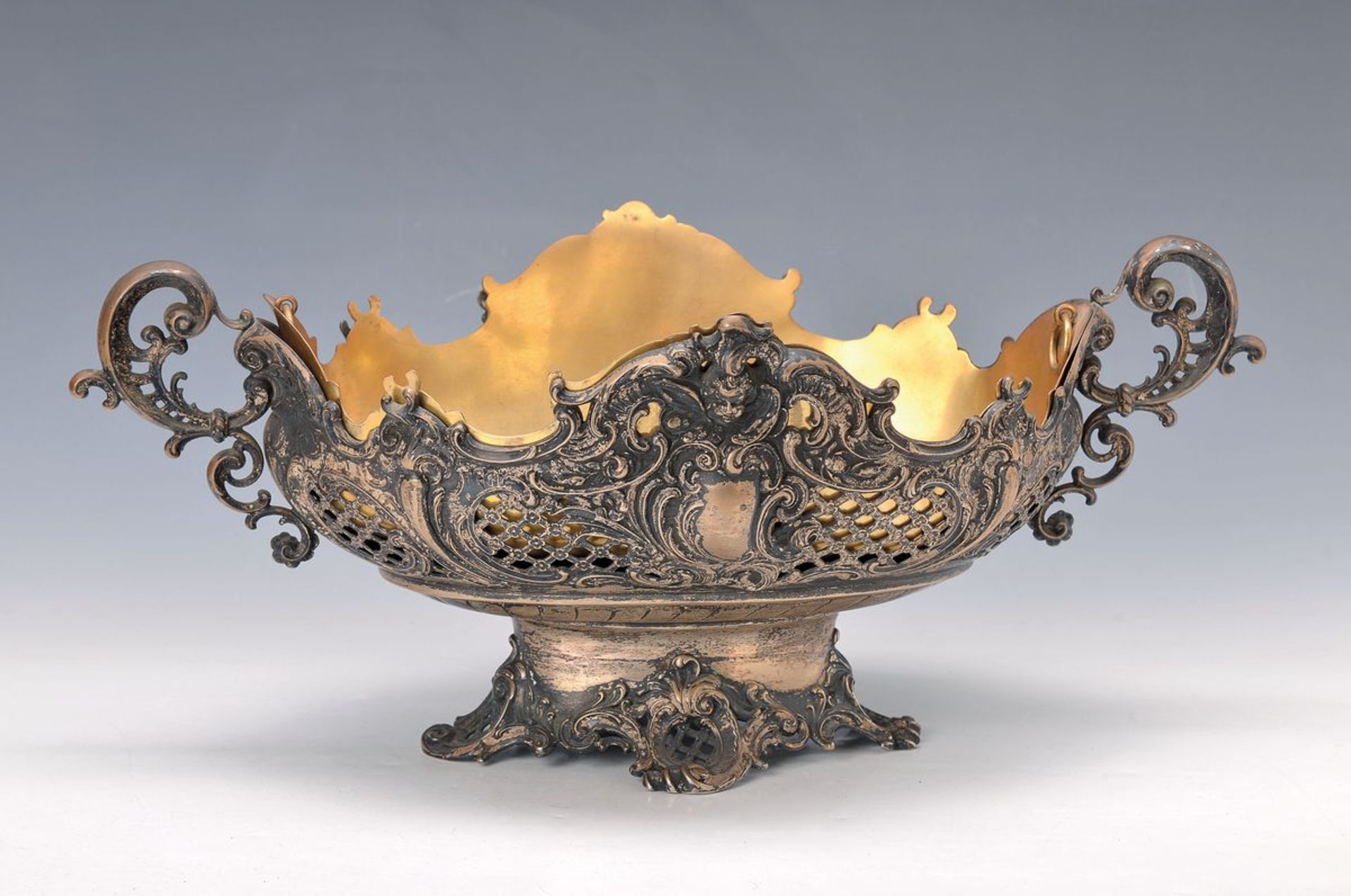 Double handle bowl, H. Plumer, 800 silver, around 1900, Baroque style, breakthrough work,rococo