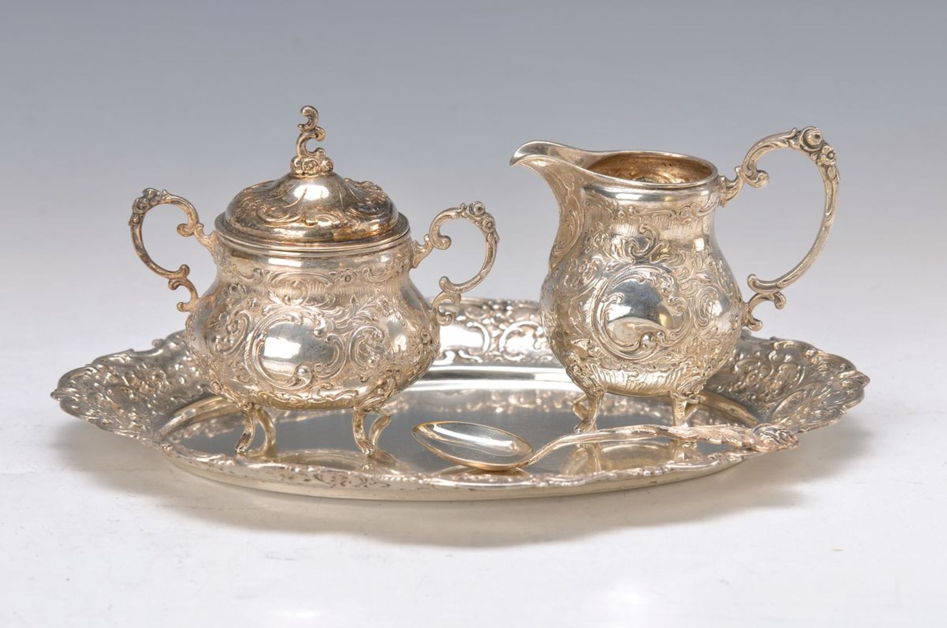 3-pieces sugar- and milk set, German, around 1900/10, 800 silver, sugar bowl, creamer and tray,