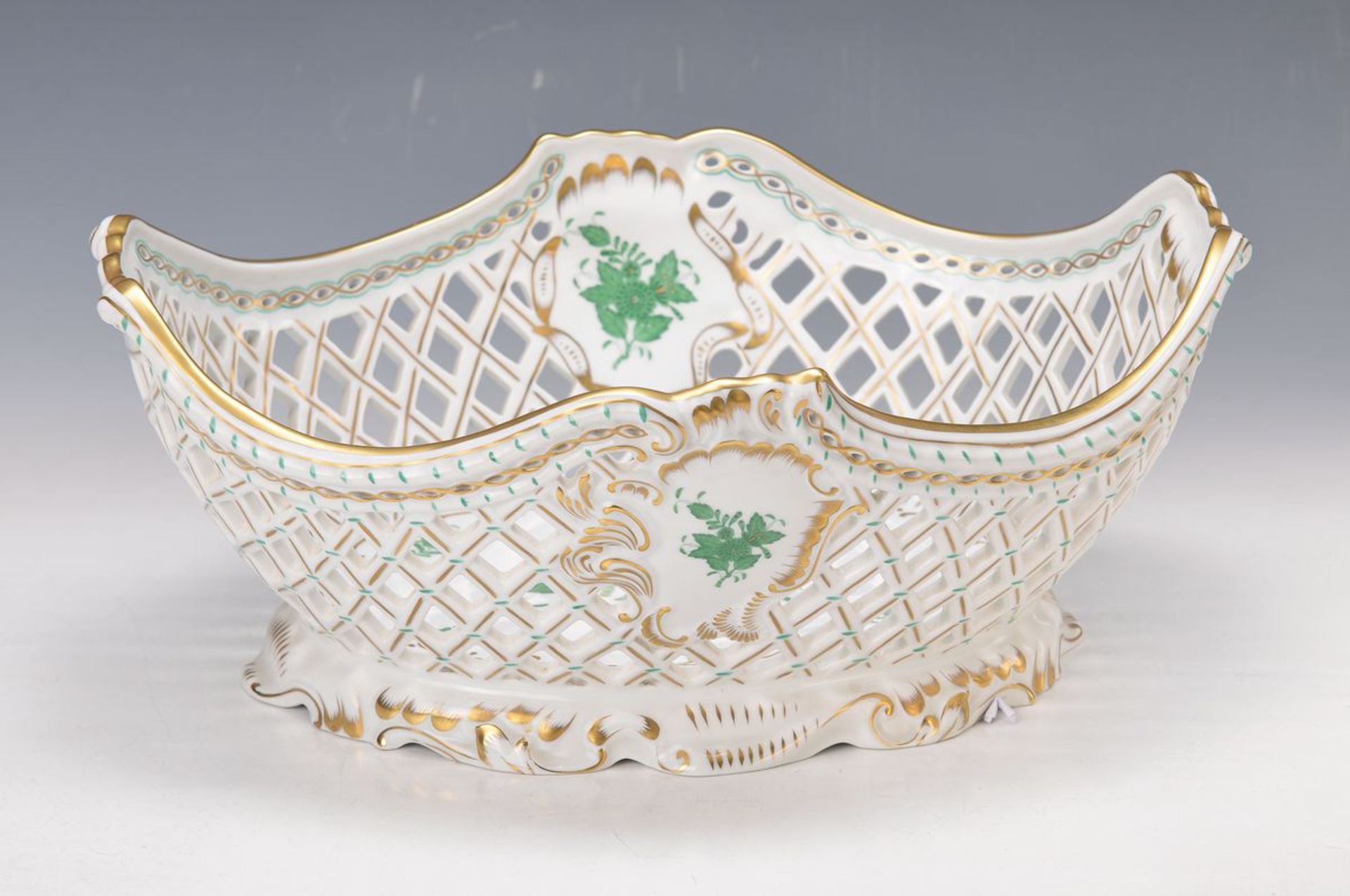 oversized basket bowl, Herend, Apponyi green, breakthrough work, interior and external painted,