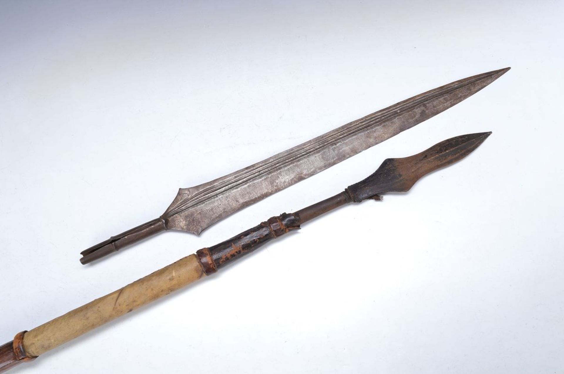 spear and spear tip, Gabun, around 1920, forged iron, double grooved, tip approx. 70cm,spear with