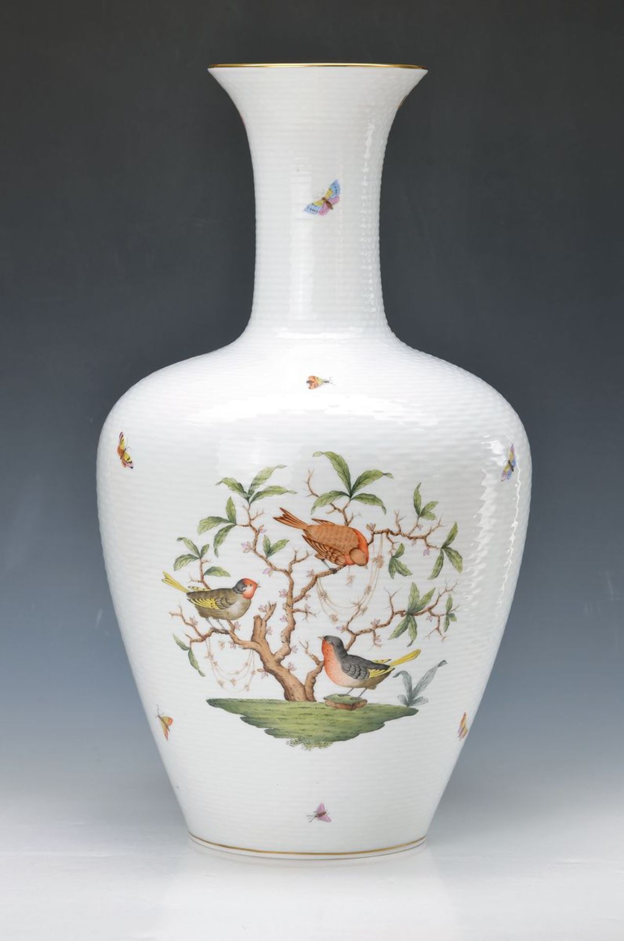 Large vase/floor vase, Herend, 20th c., porcelain, decor Rothschild, two-sided painted, bird decor