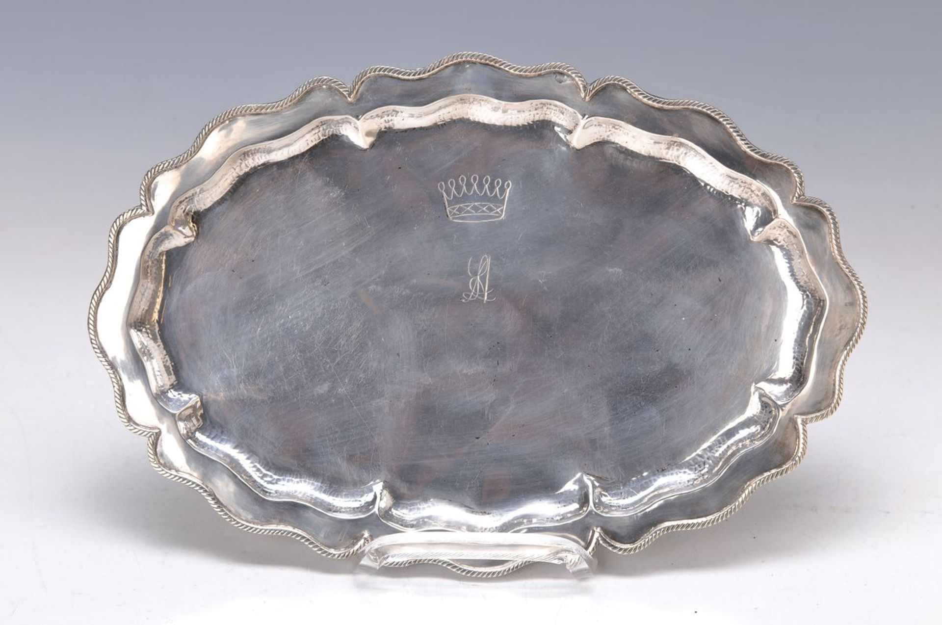 small oval tray, German, around 1800, silver acid tested, opulent driven handcraft, Baroquestyle,