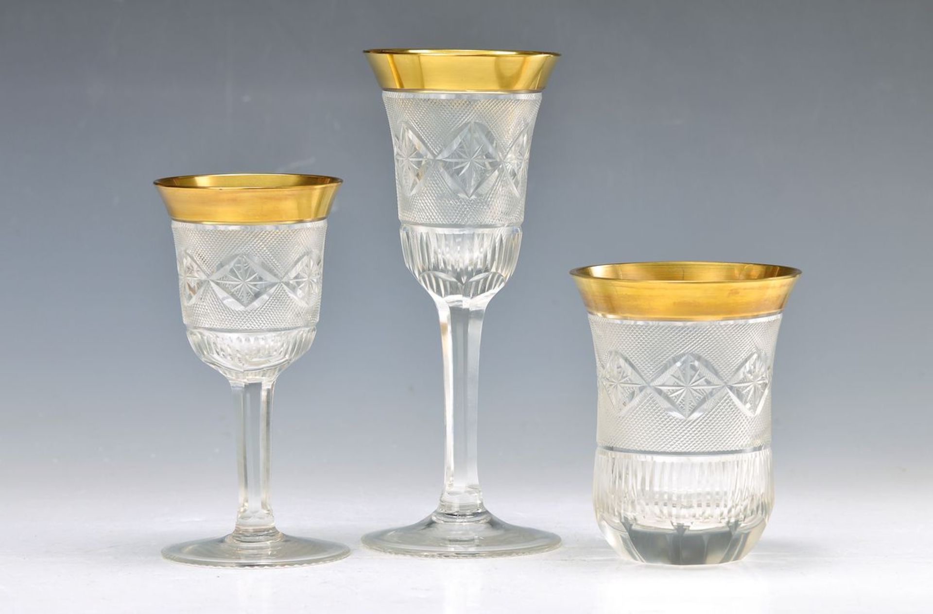 drinking glass set, German, around 1920/30, colorless glass, opulent polished, shaded decor and