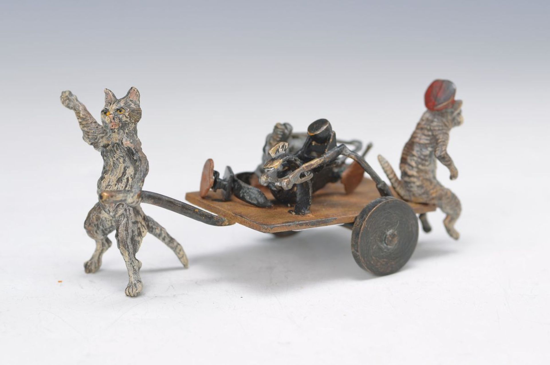 Vienna Bronze, 2.H.20.th. century, 2 cats pushing a wagon with defect motorcycle, colorful