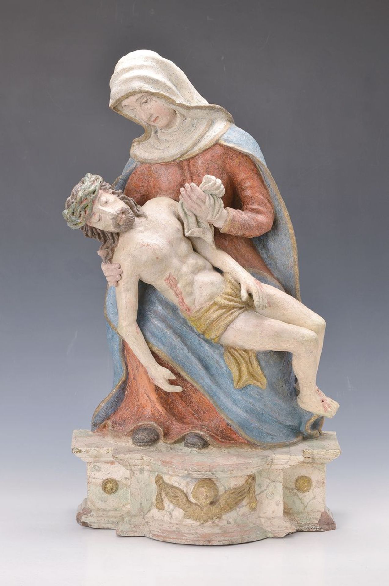 Pieta, alpine, around 1780-1820, ceramic, multi-colored painted, pedestal at the edges dam., H.