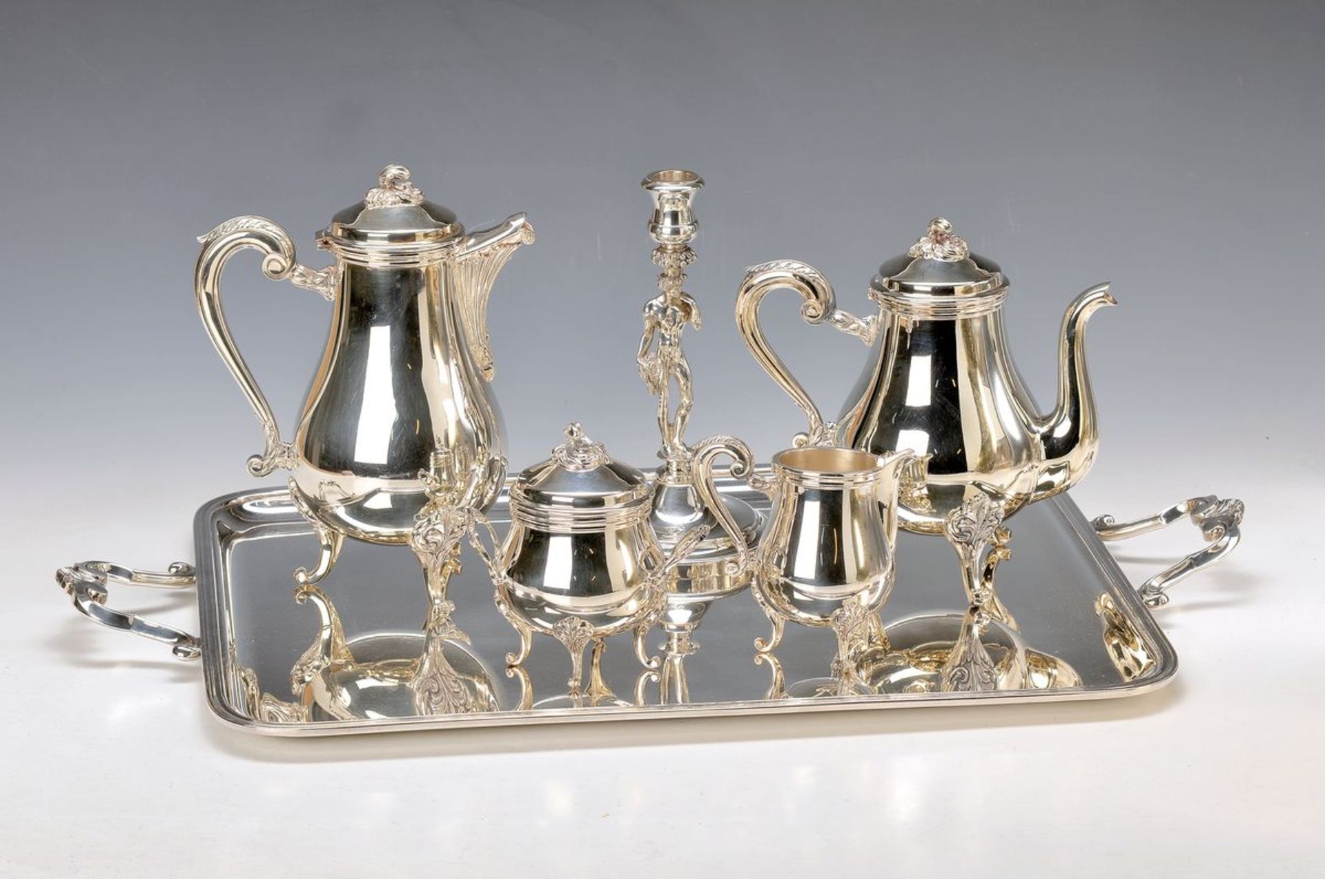 tray with coffee and tea set, Christofle, Paris, 2. Half 20.th c., metal high quality silver plated: