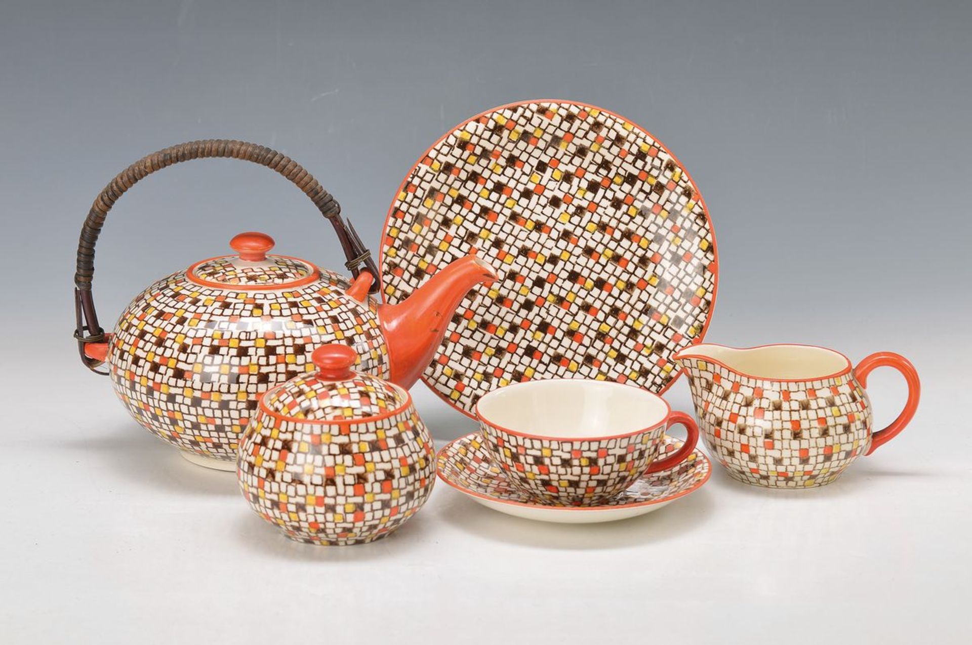 tea set, Villeroy & Boch, 1930s, Model Konfetti, earthenware, spray decor in Orange, yellow and