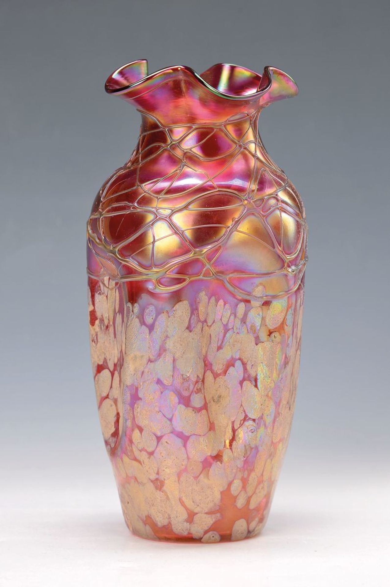 vase, probably Pallme-König, around 1900, rubyred glass with melted opaque patches, melted grid,