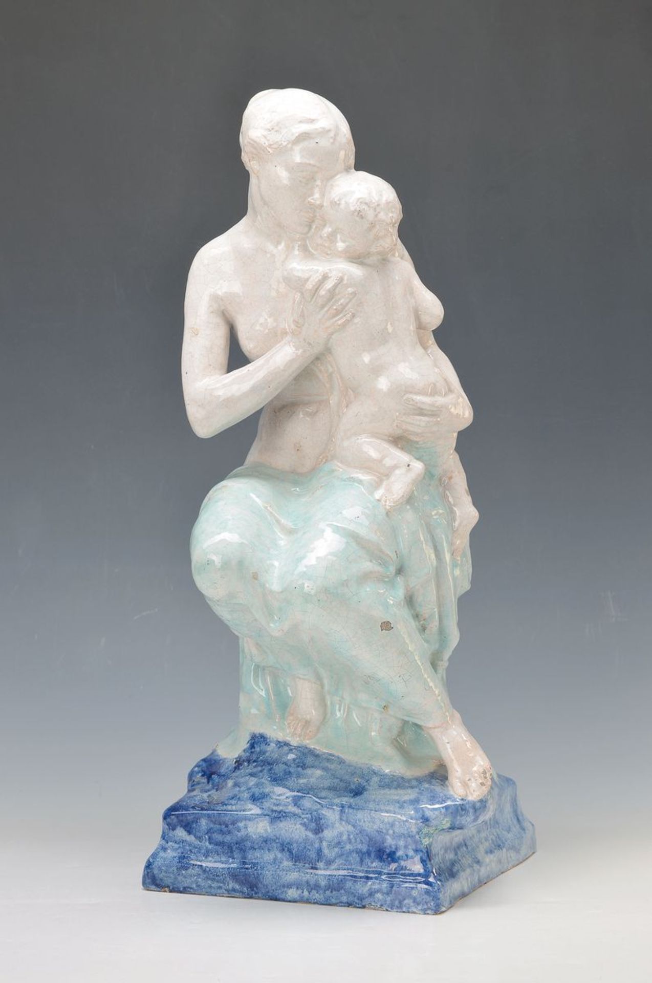 Georg Kemper, Munich 1880-1948, Madonna with child, majolica, colorful painted, on pedestal, verso