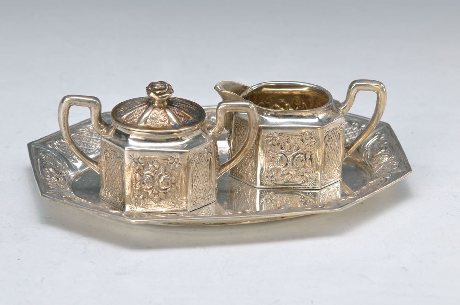 3-pieces sugar- and creamer set, probably German, neo-classical decor, 800 silver, with rose and