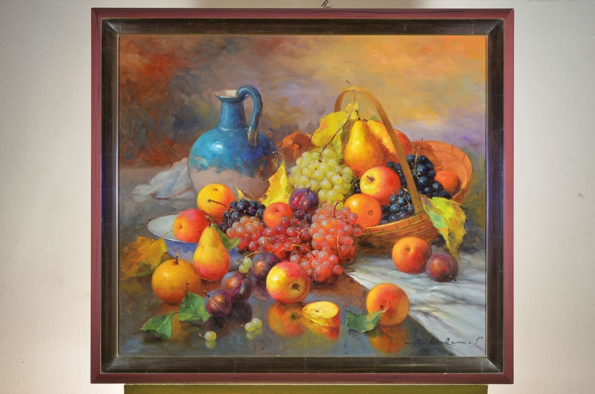 Oskar Ramos, born 1948, still life with apples, grapes, plums, pears and blue jug, oil/ canvas, - Bild 3 aus 3