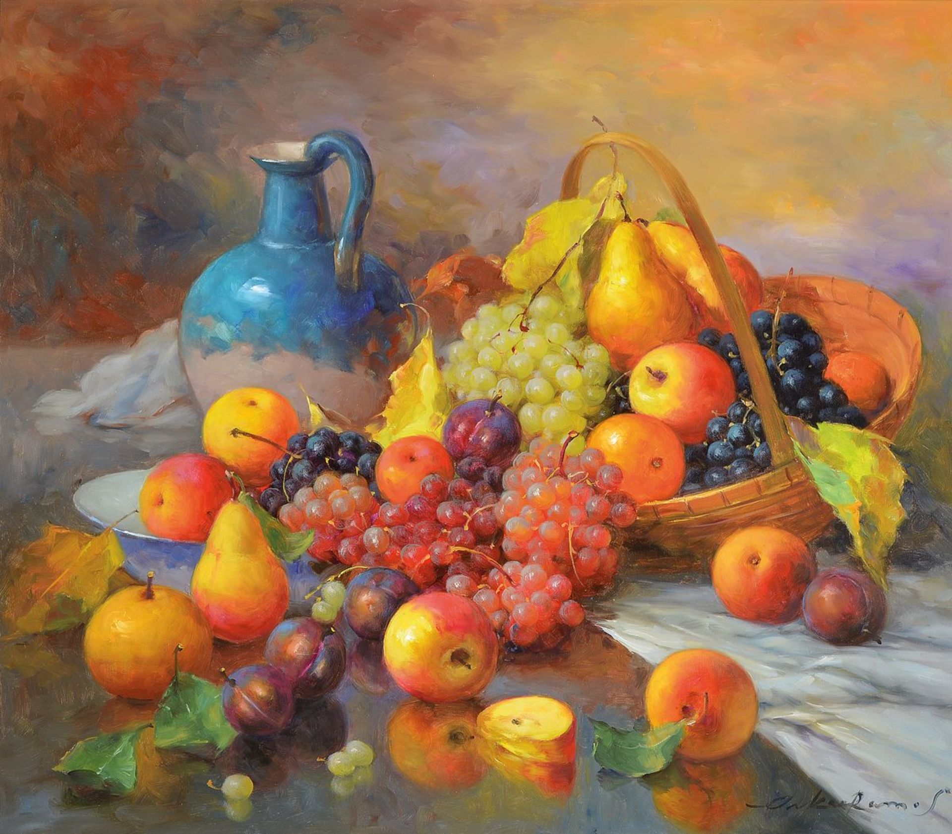 Oskar Ramos, born 1948, still life with apples, grapes, plums, pears and blue jug, oil/ canvas,