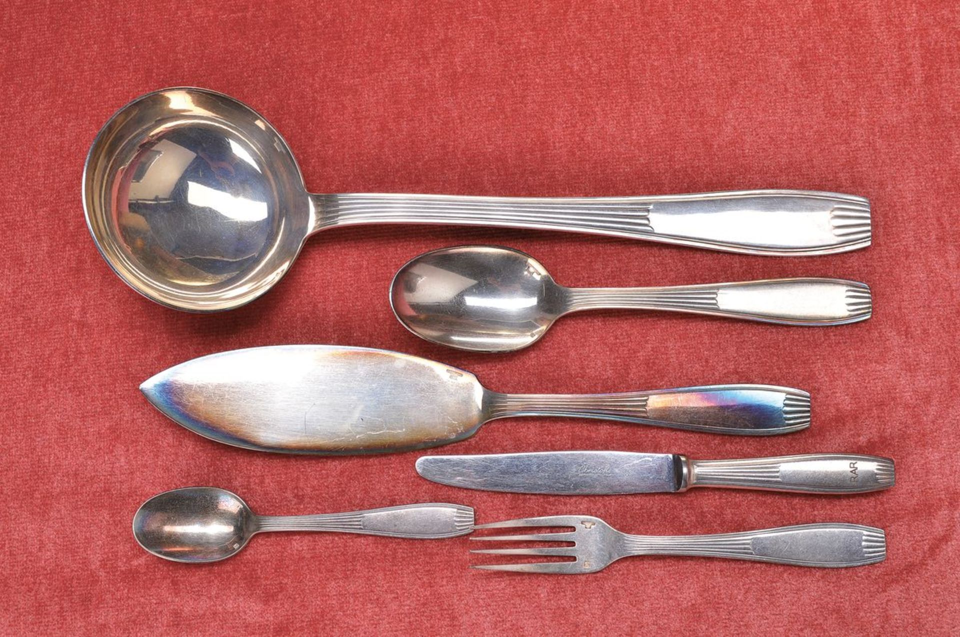 cutlery, Christofle, designed by 1930s, silverplated metal: 6 forks, 6 knives, 6 soup spoons, 6
