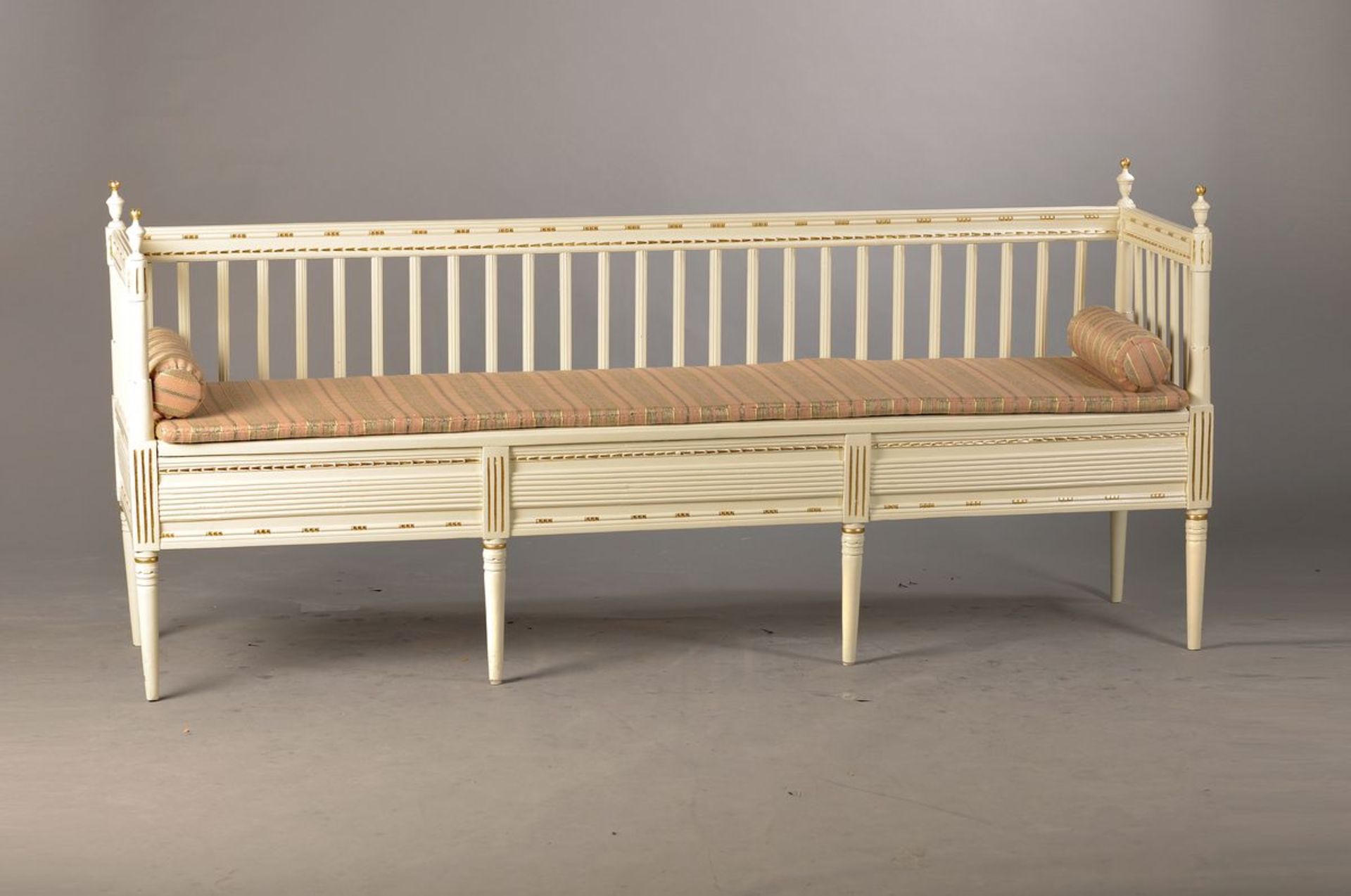 bench, France, around 1900, white and gold painting, seat pillow, rest., neo-classical decor, one