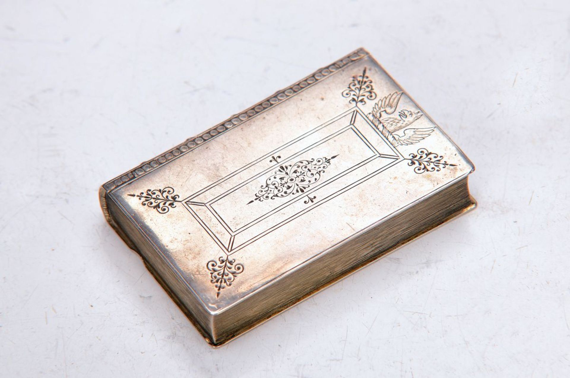 lid box in shape a book, Pforzheim, around 1900, silver, interior gilt, engraved, 1.5 x 8x 5 cm,