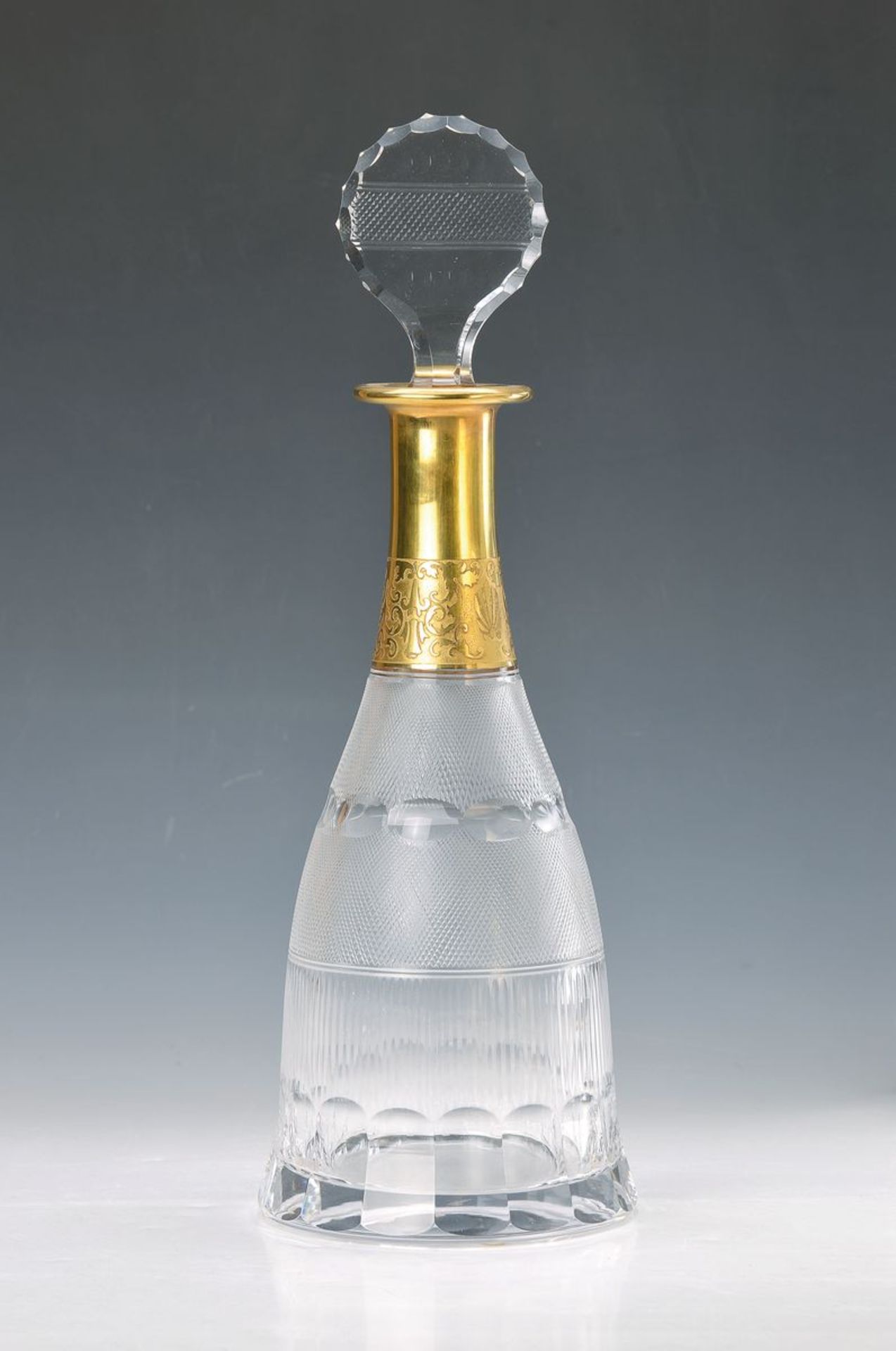 carafe, Moser Karlsbad, 1960s, finely sanded crystal glass with wide etched gold rim, on bottom side