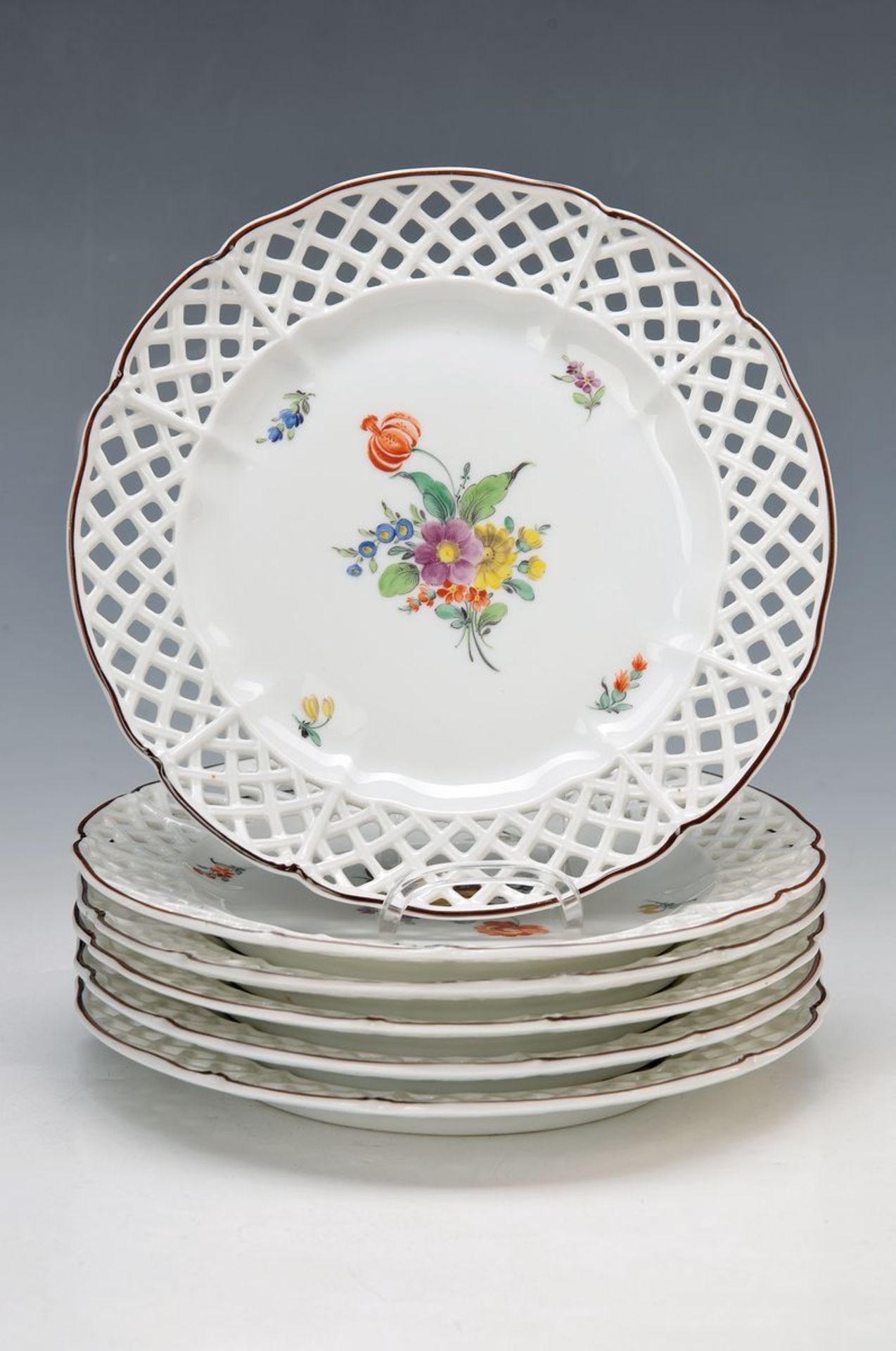 6 pastry plates, Nymphenburg, around 1920, fine colorful flower painting, banners with openwork
