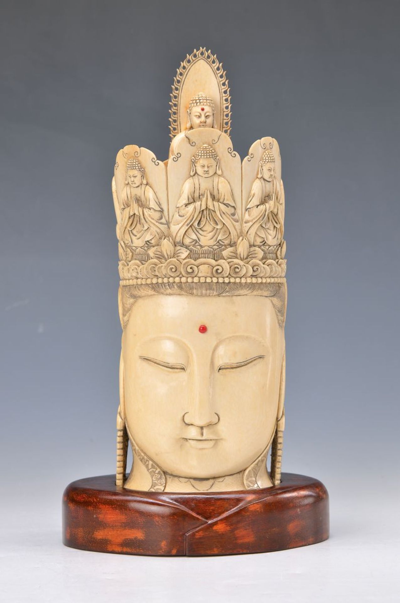 Large Buddha head, China, around 1900, heavy Ivory, finely carved facial features, crown with