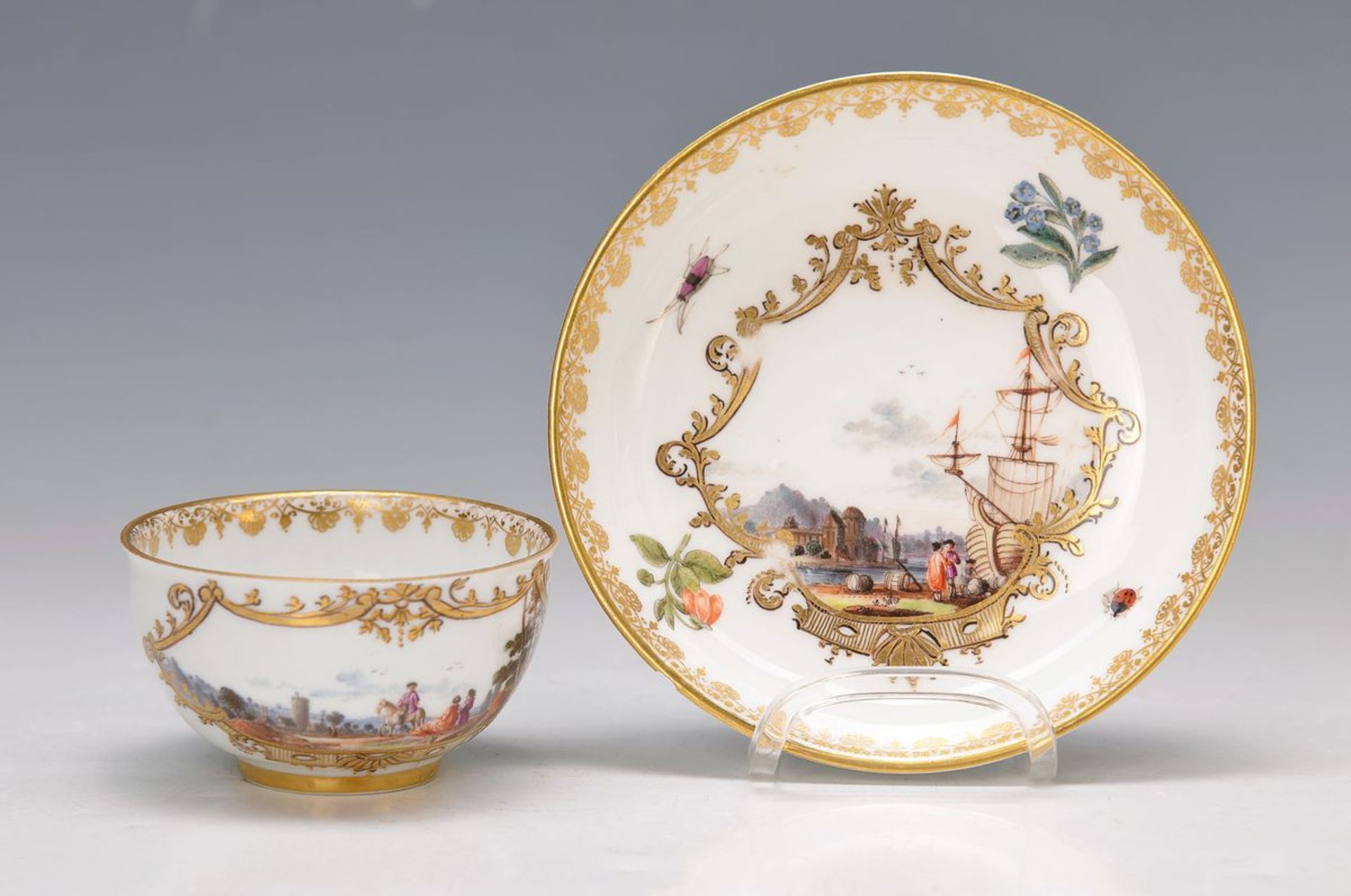 cup with saucer, Meissen, around 1740, sea scores, quality full polychrome, painting, in larger