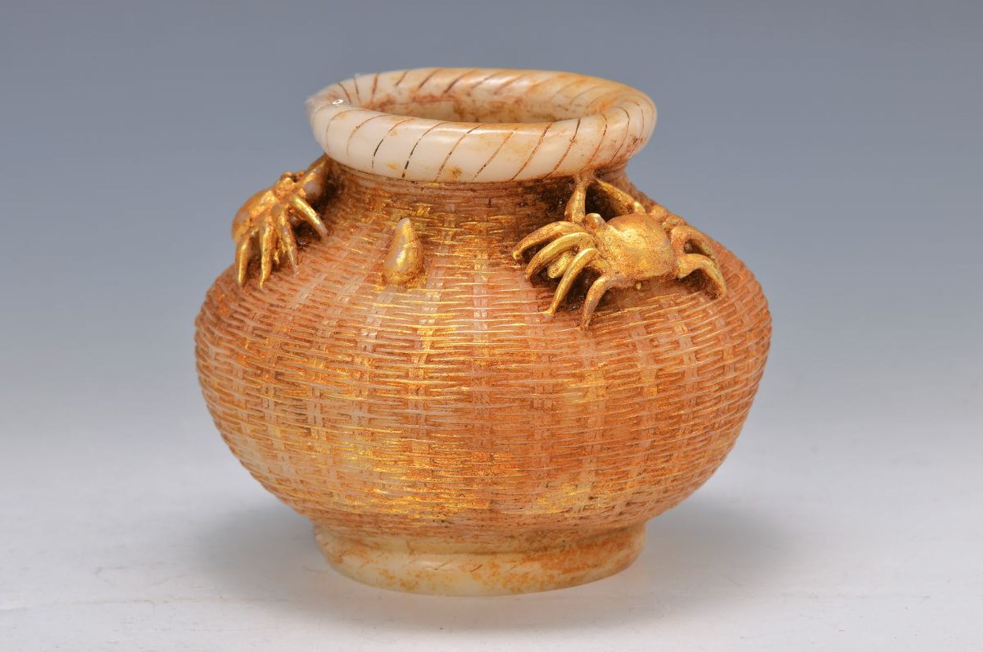Jadeite-vase, China, around 1880-1900, victualvessel, with ground mark, encircling wicker decor with