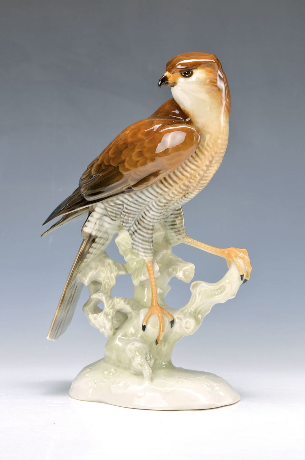 figurine, Hutschenreuther, designed by Achtziger, 1950/60s, sitting hawk, under glazepainting, on