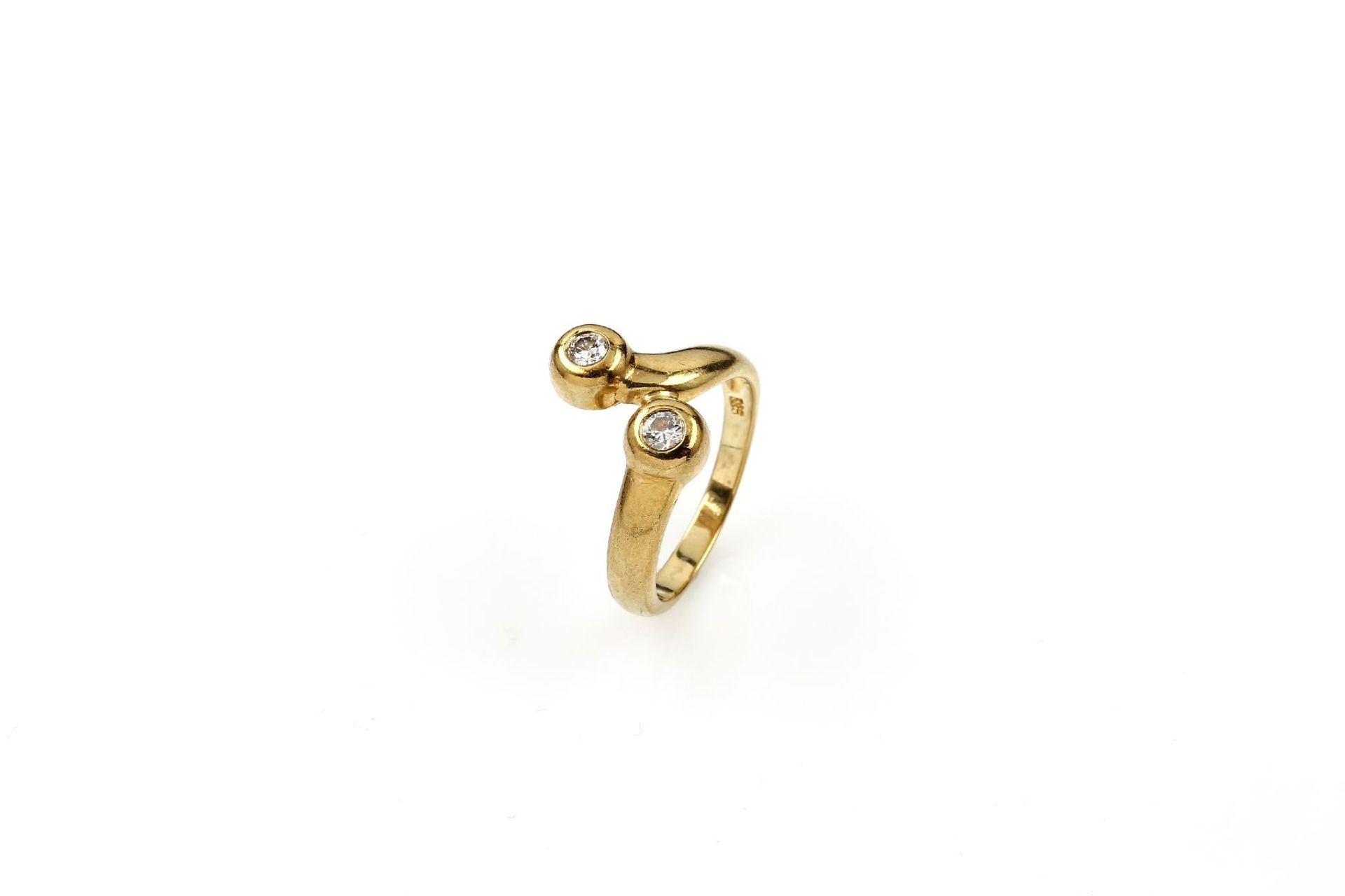 14 kt gold ring with brilliants , YG 585/000, asymm. splint, 2 brilliants total approx. 0.20 ct