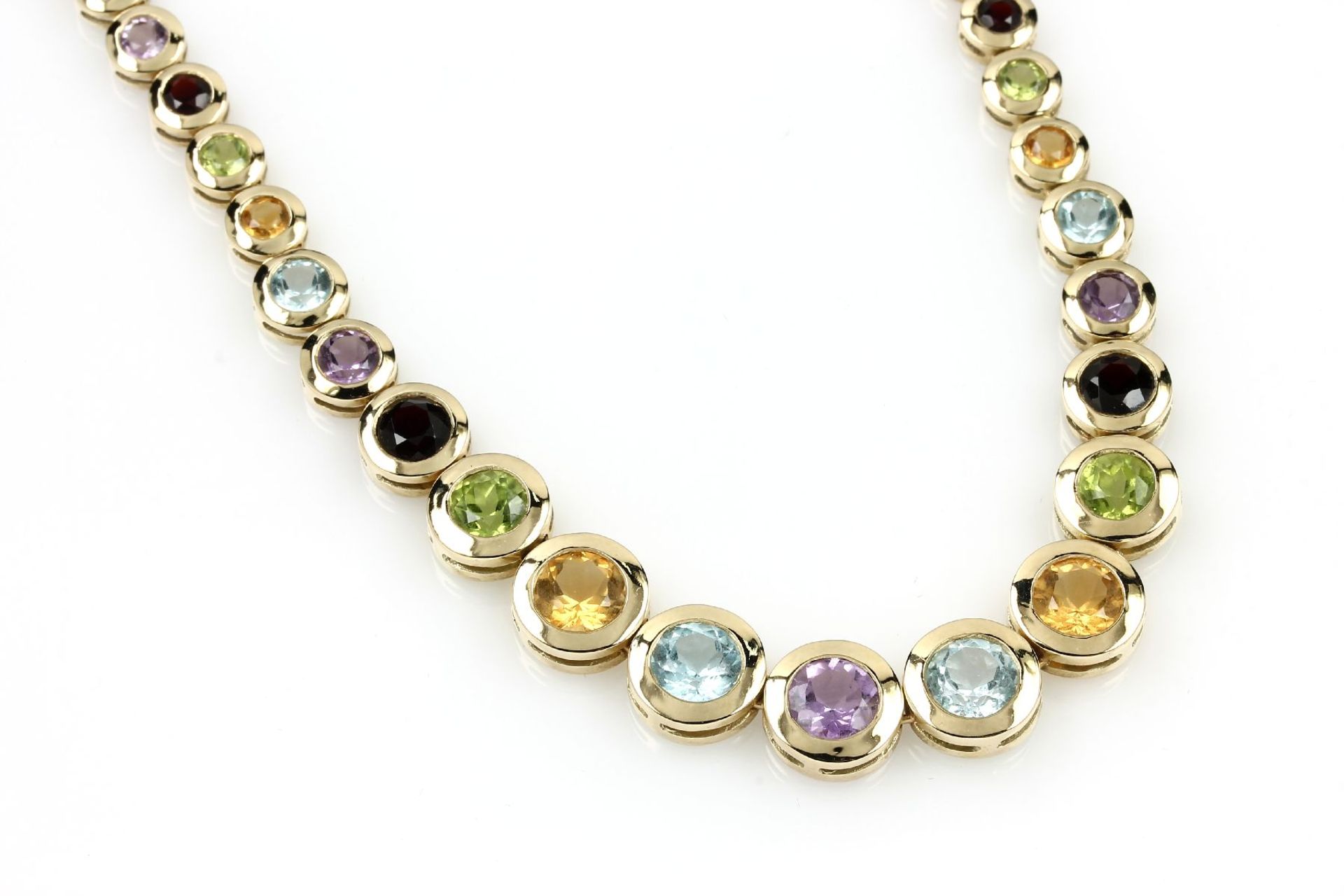 14 kt gold multicolor necklace with coloured stones , YG 585/000, round bevelled blue topazes (