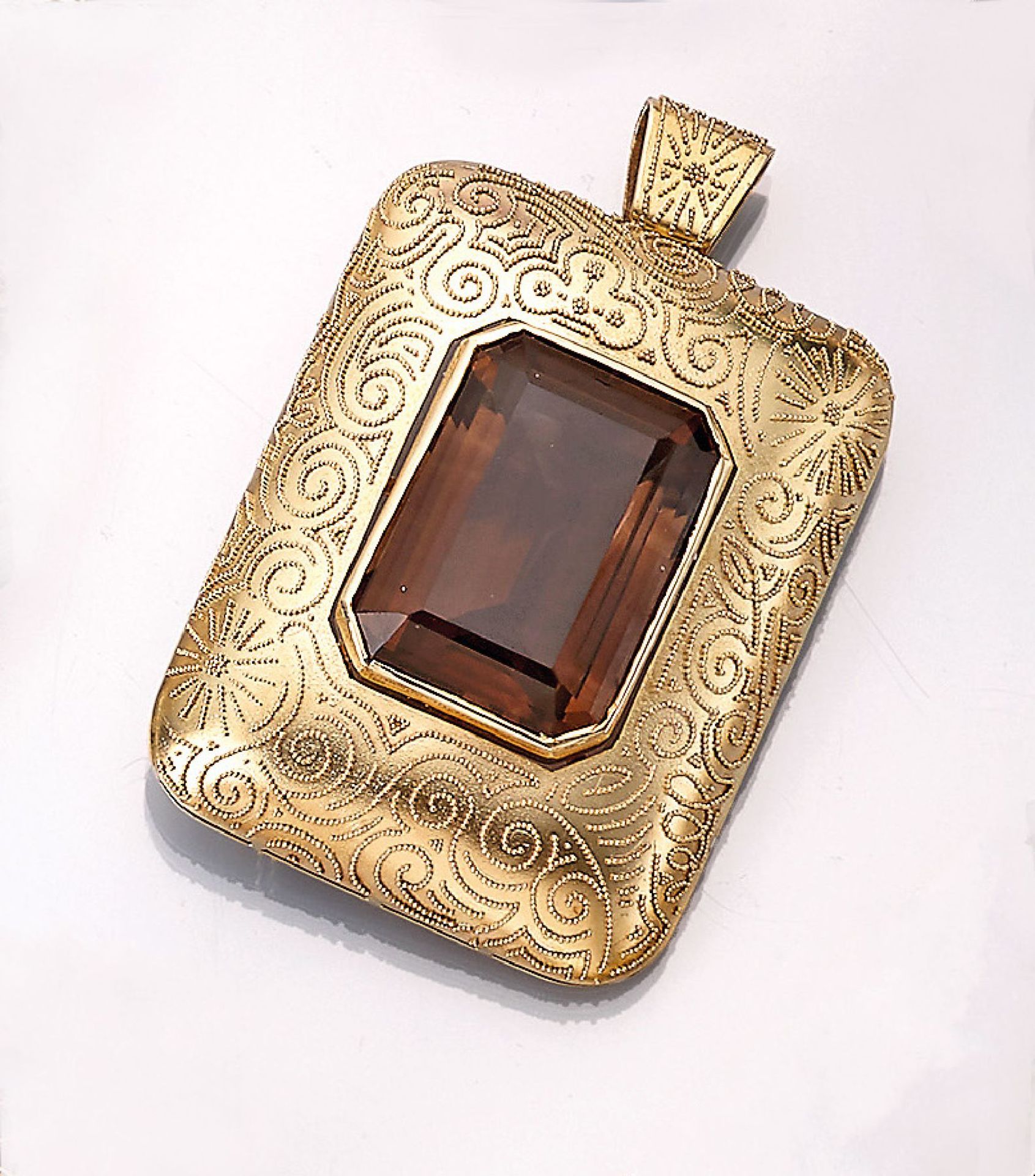 14 kt gold brooch/pendant with smoky quartz , YG 585/000, centered octagonal bevelled smoky quartz