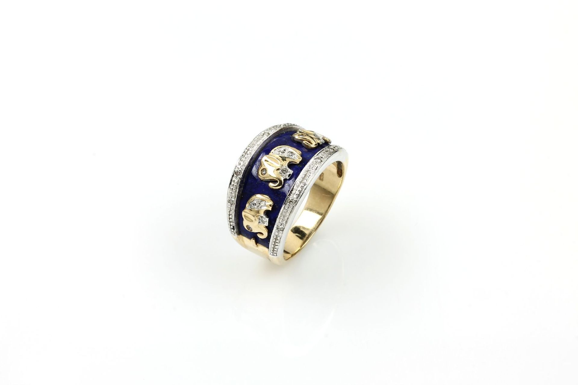 14 kt gold ring "elephants" with enamel and diamonds , YG/WG 585/000, partial blue enameled, 20 8/