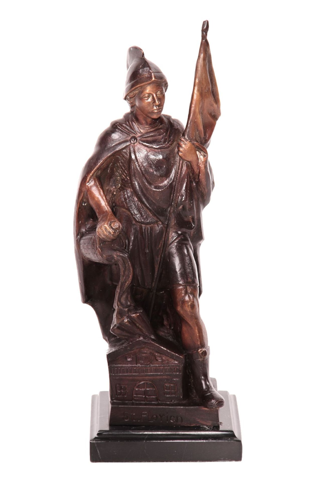 St. Florian, bronze, brown and golden brown patinated, on black marble base, traces of storage,