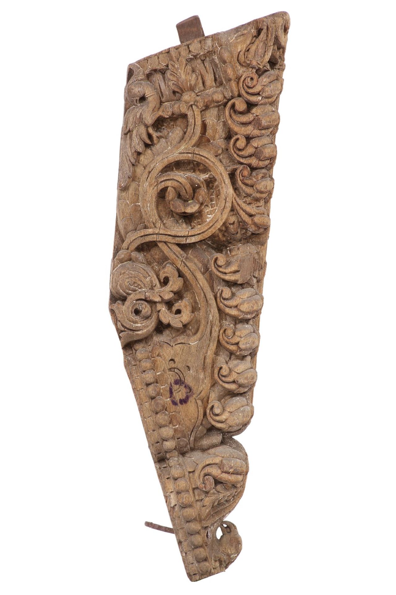 Decorative carving, solid wood, probably original function as a capital or substructure, traces of