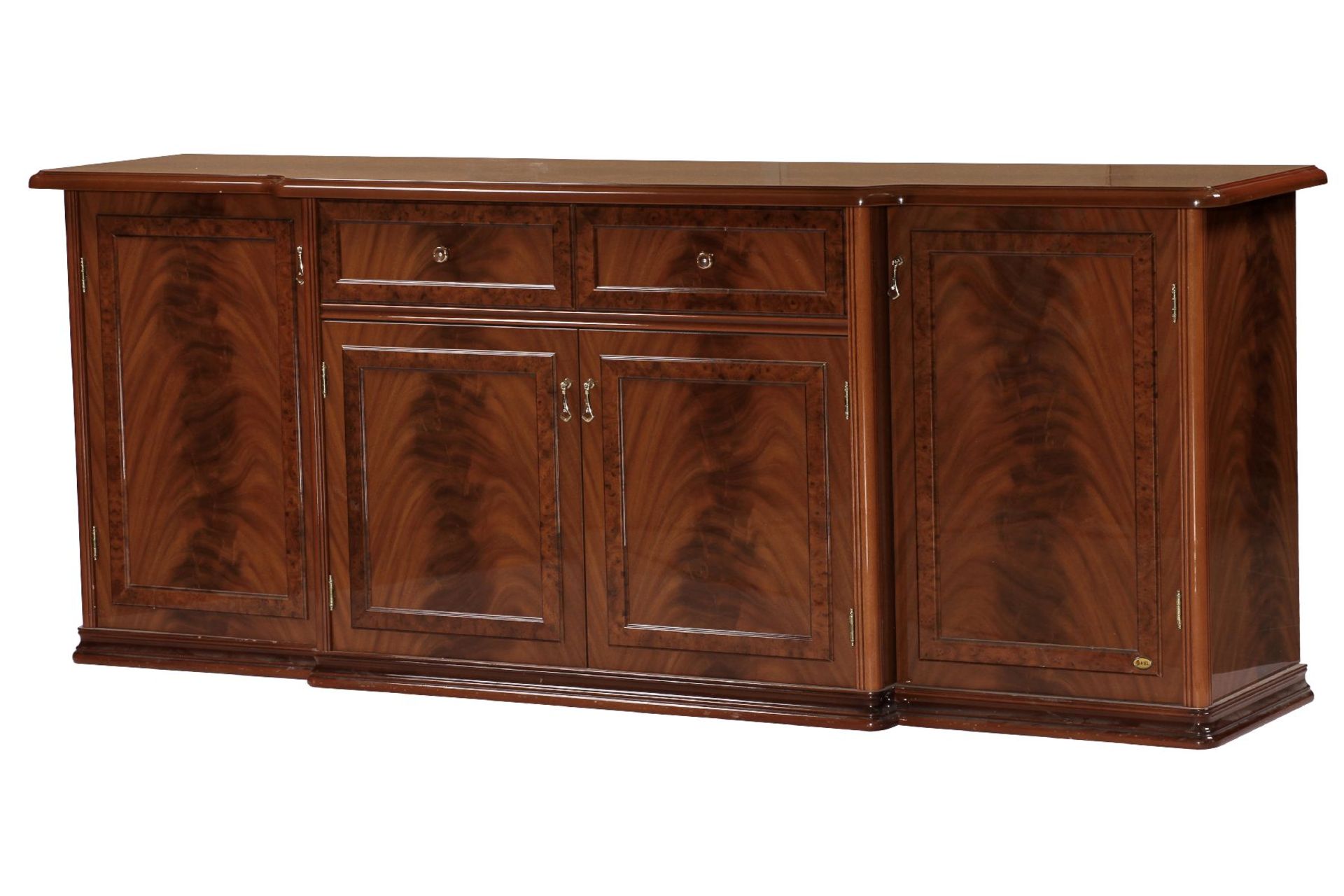 Sideboard, Italy, pyramid mahogany veneer partly mirrored, 2 integrated drawers, 4 doors, 3 wooden