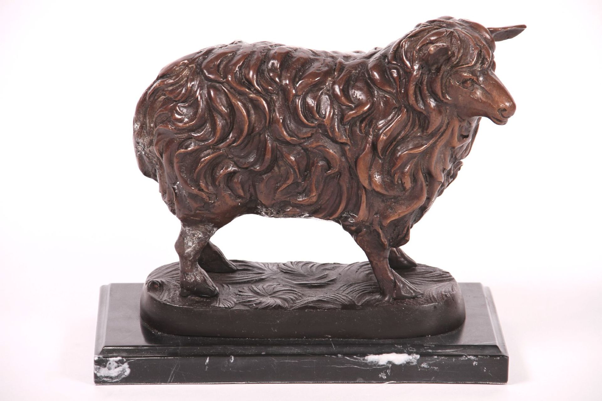 Sheep, bronze, brown / dark brown patinated, fur structure well reproduced, on black marblebase,