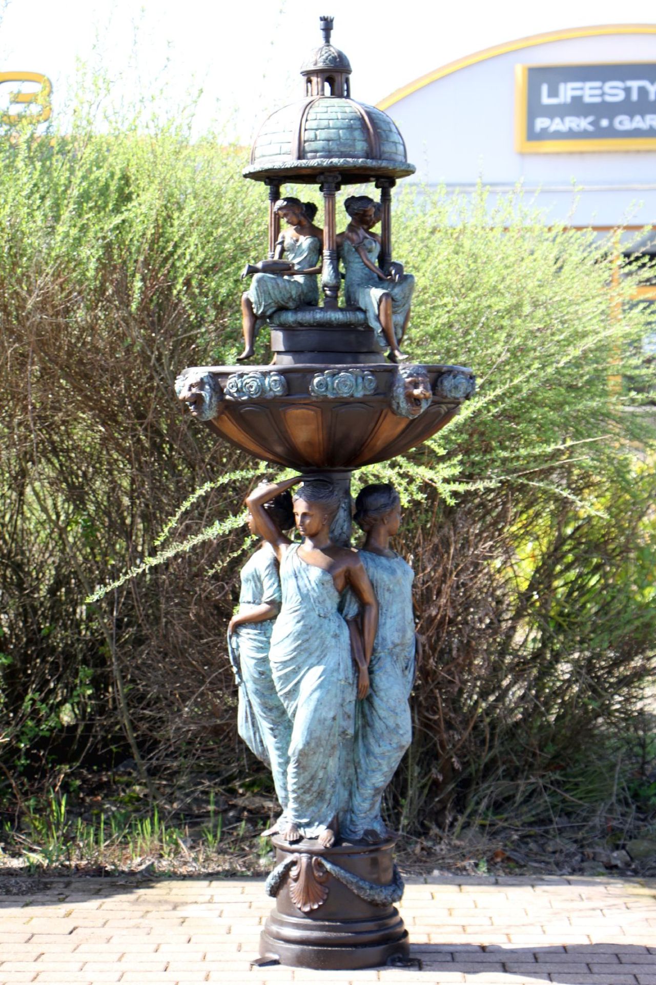 Figure fountain, after French Role model, 2 pieces, bronze, brown, blackish and turquoise patinated,