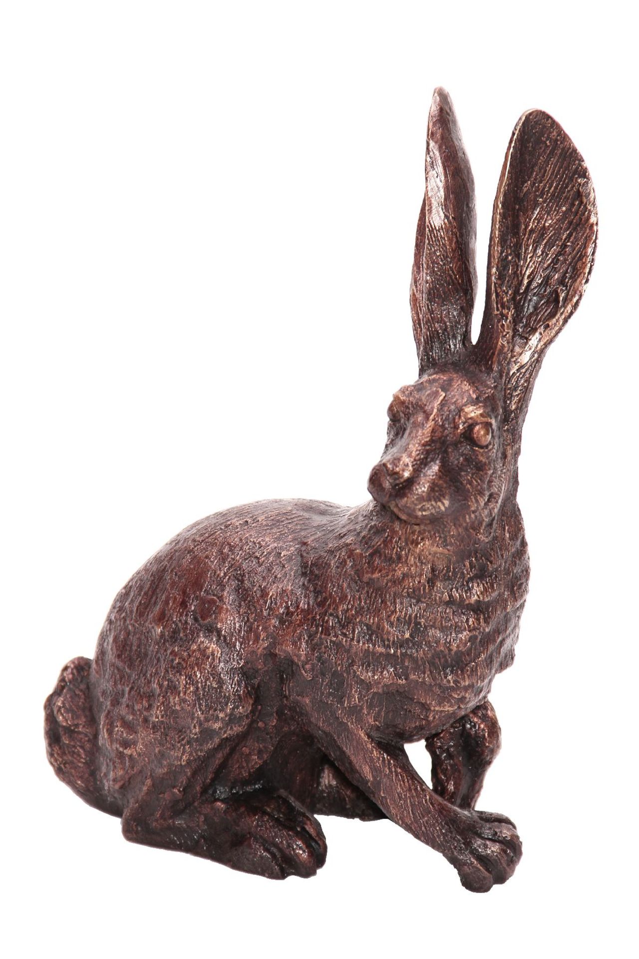 Rabbit, bronze, dark brown and fine blackish patinated, in a sitting, observing posture, raised