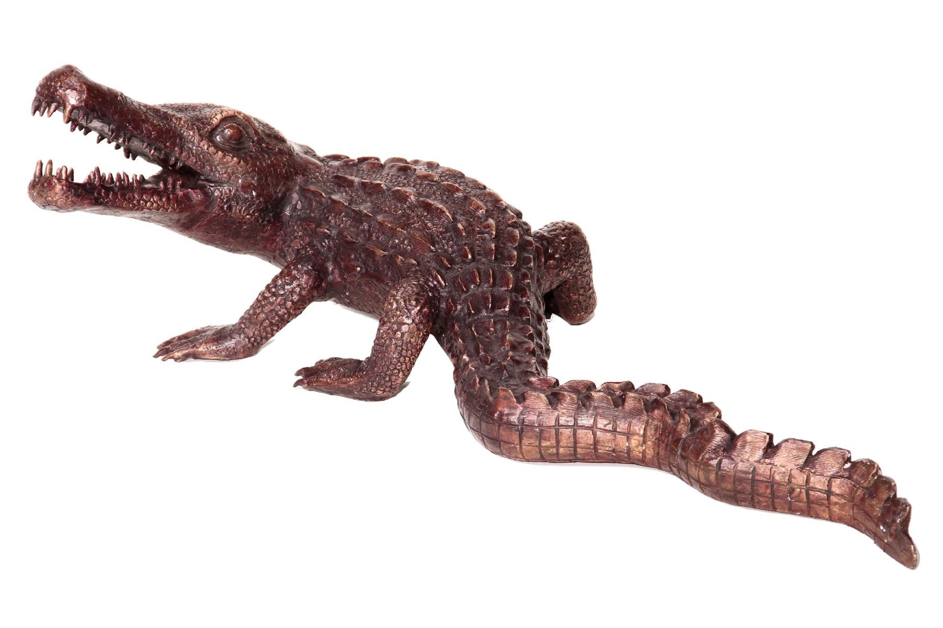 Small crocodile, bronze, dark brown patinated,defensive posture, fine casting, detailed elaboration,