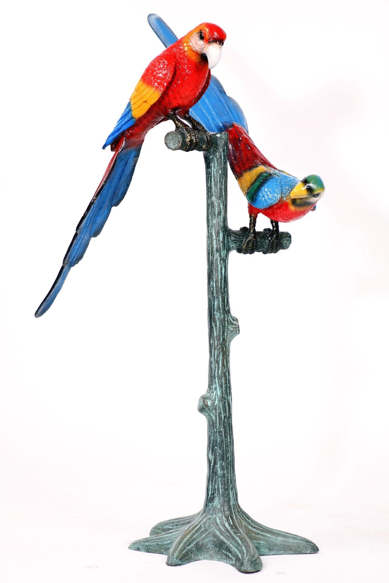 Parrot pair on tree, bronze, brown and brightly patinated or varnished, naturalistic representation,