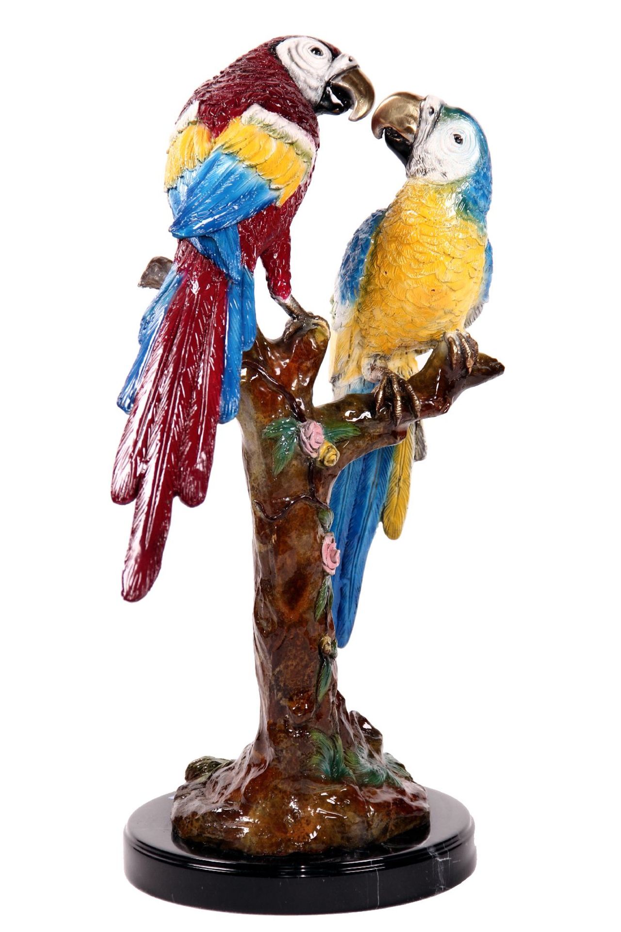 Pair of parrots on branch, bronze, brightly colored, naturalistic representation, detaileddesign, on