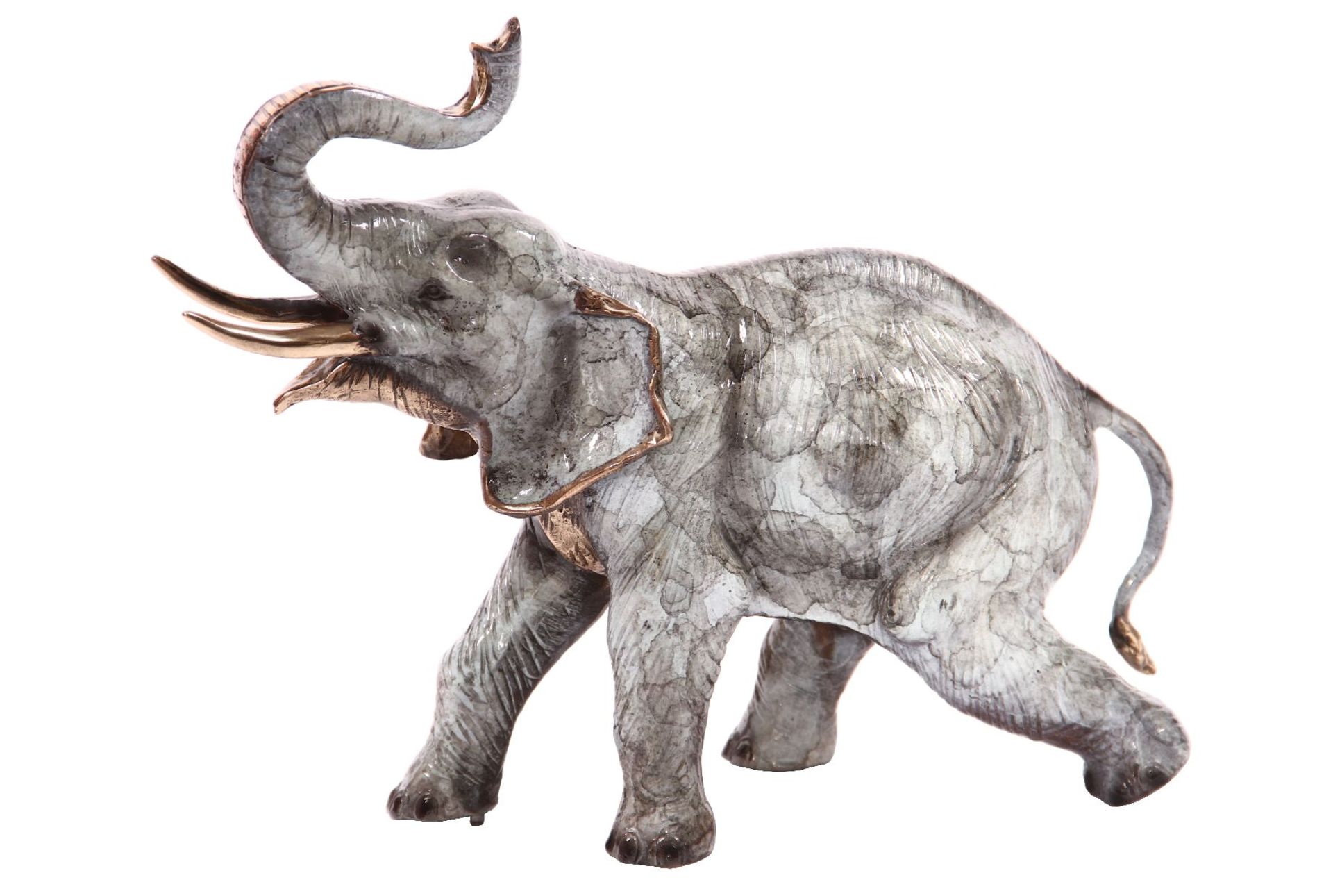 Elephant, bronze, grey green enameled, trumpeting, naturalistic and lively reproduction, symbolic as