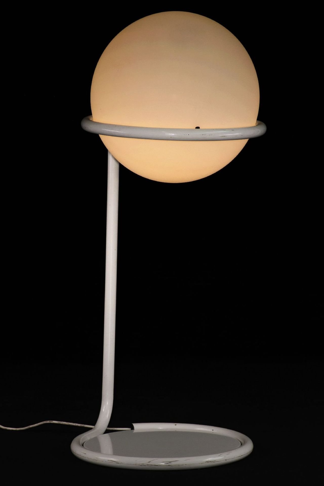 Design lamp, continuous tubular steel with white cable routing, removable spherical shademade of