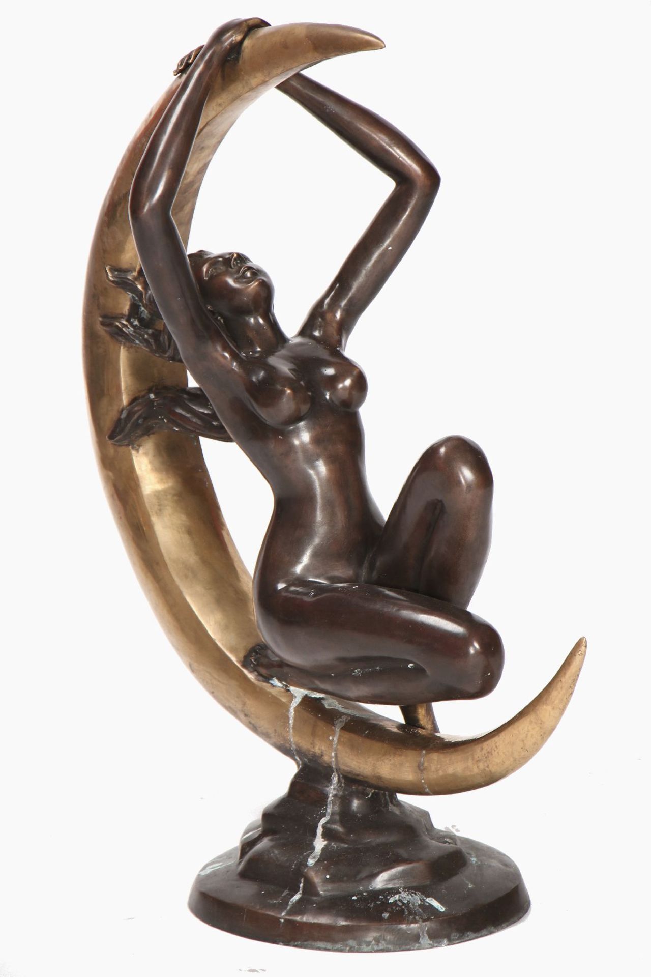 Moonlady, bronze, dark brown and anthracite patinated, crescent shaped moon polished bronze (