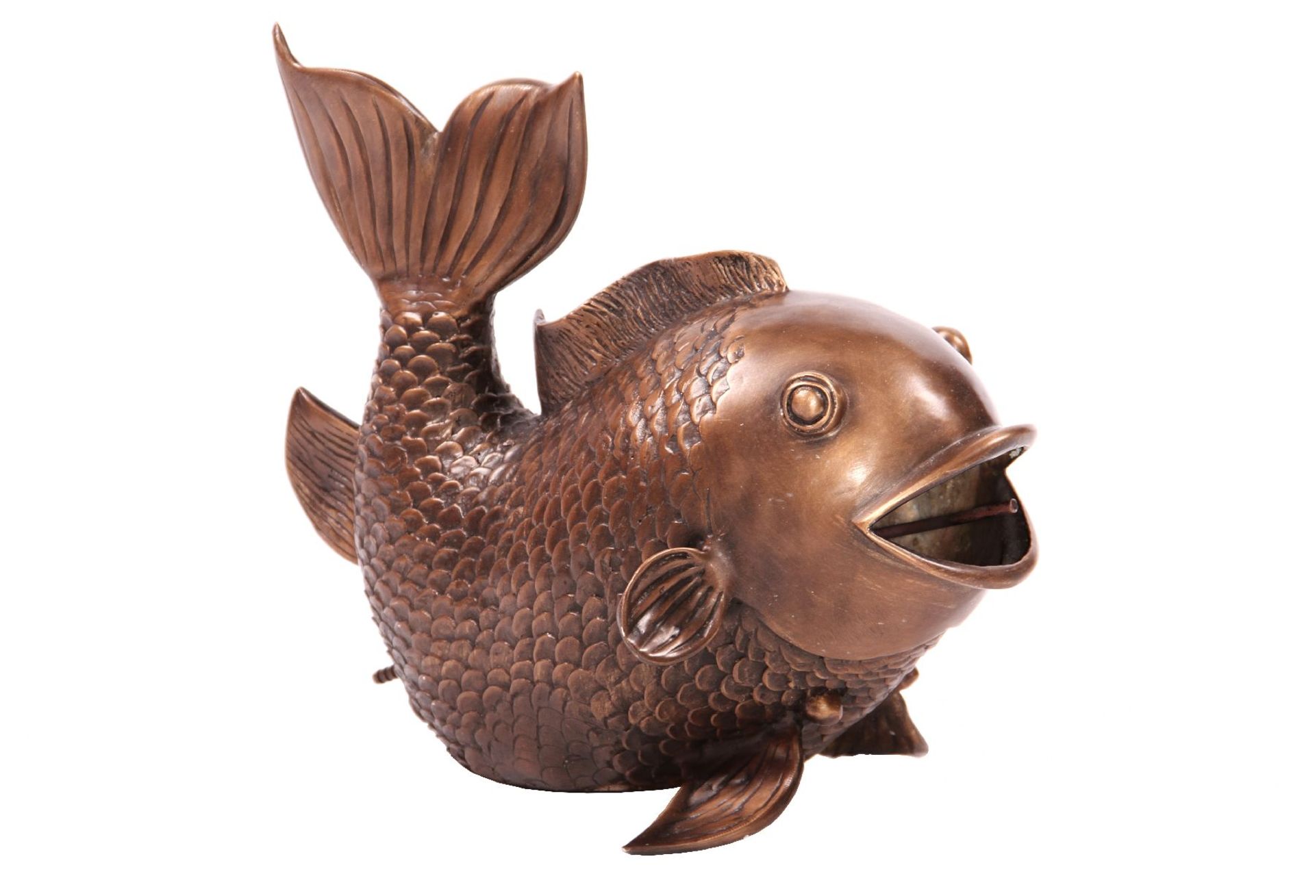 Fish as a gargoyle, bronze, patinated golden brown, fish standing on its fins, water- spouting