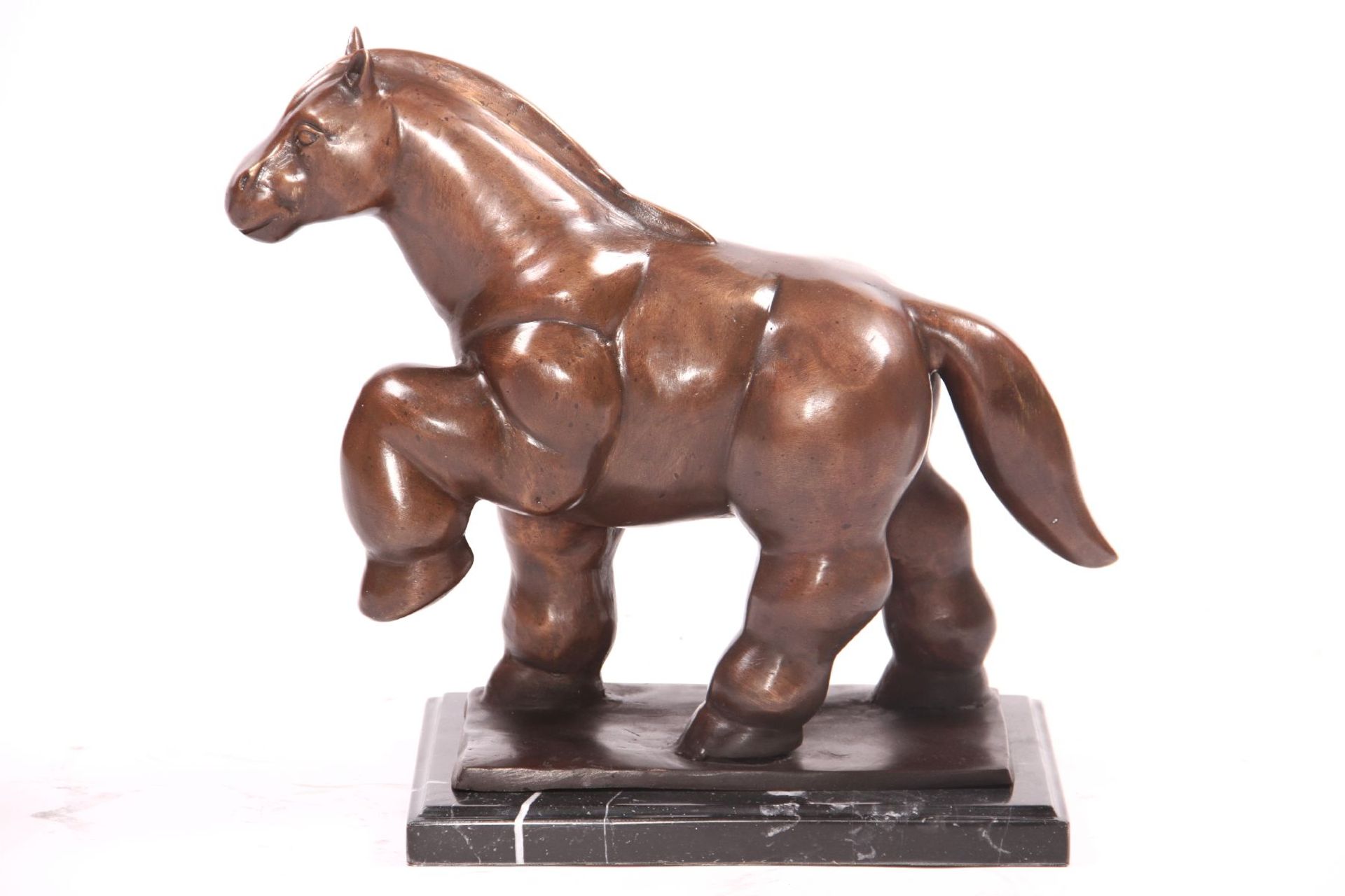 Horse, After Tang Model, bronze, patinated brown/golden brown, on black marble base, vividly veined,