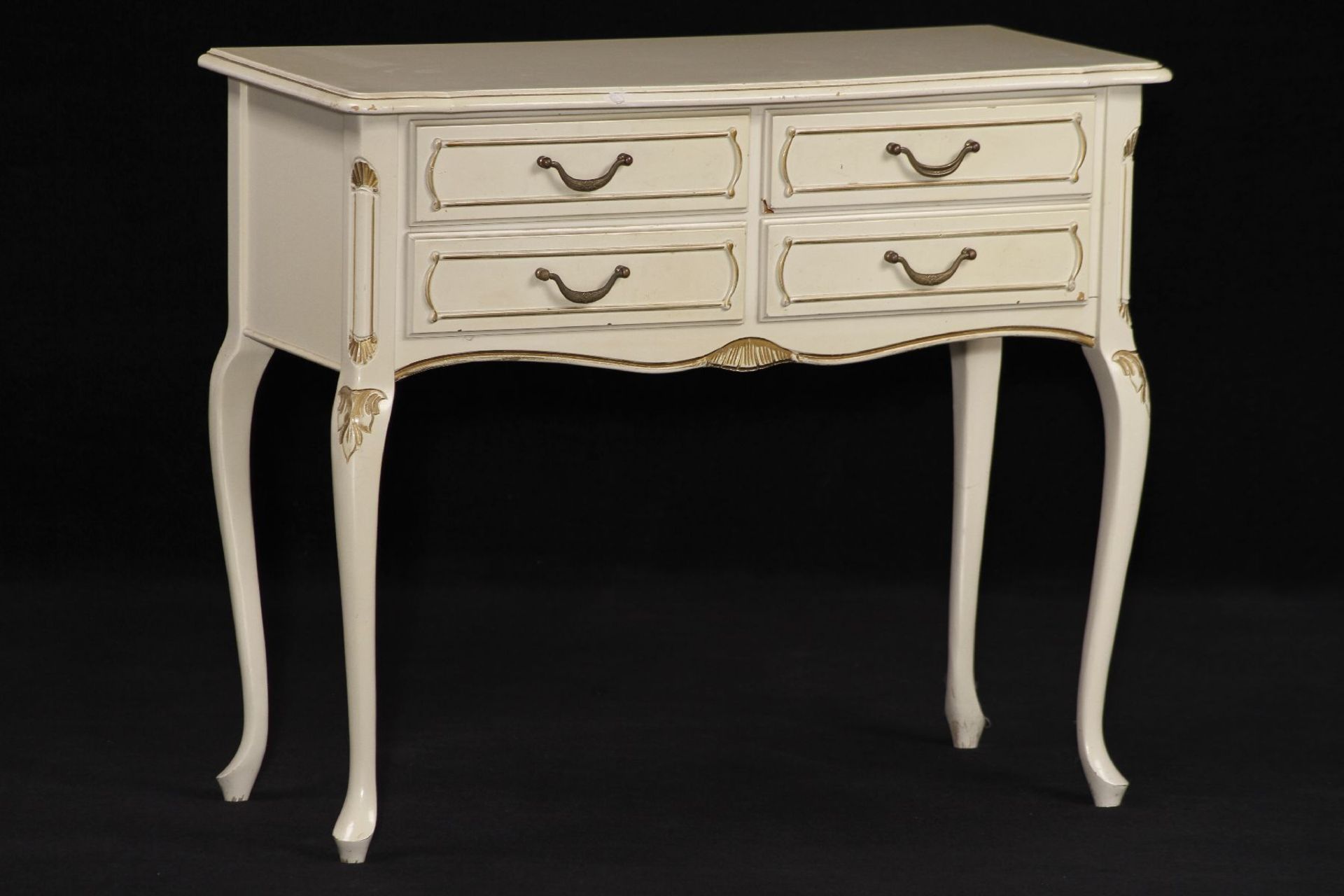 Chest of drawers, in baroque style, solid wood, white sanding lacquer, 4 drawers, metal handles,