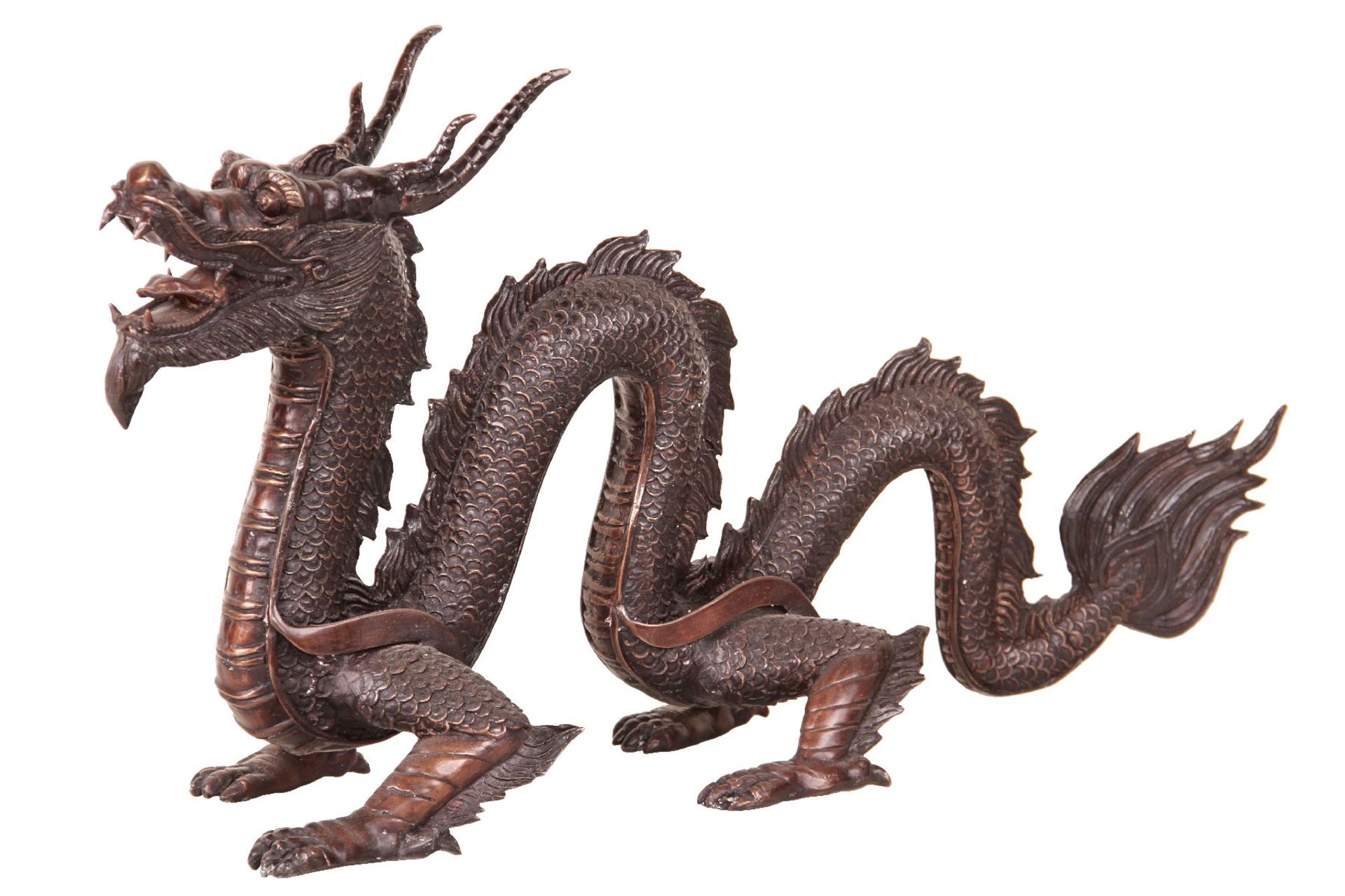 Lung dragon, bronze, brown and dark brown patinated, elegant powerful shaping, detailed shaping,