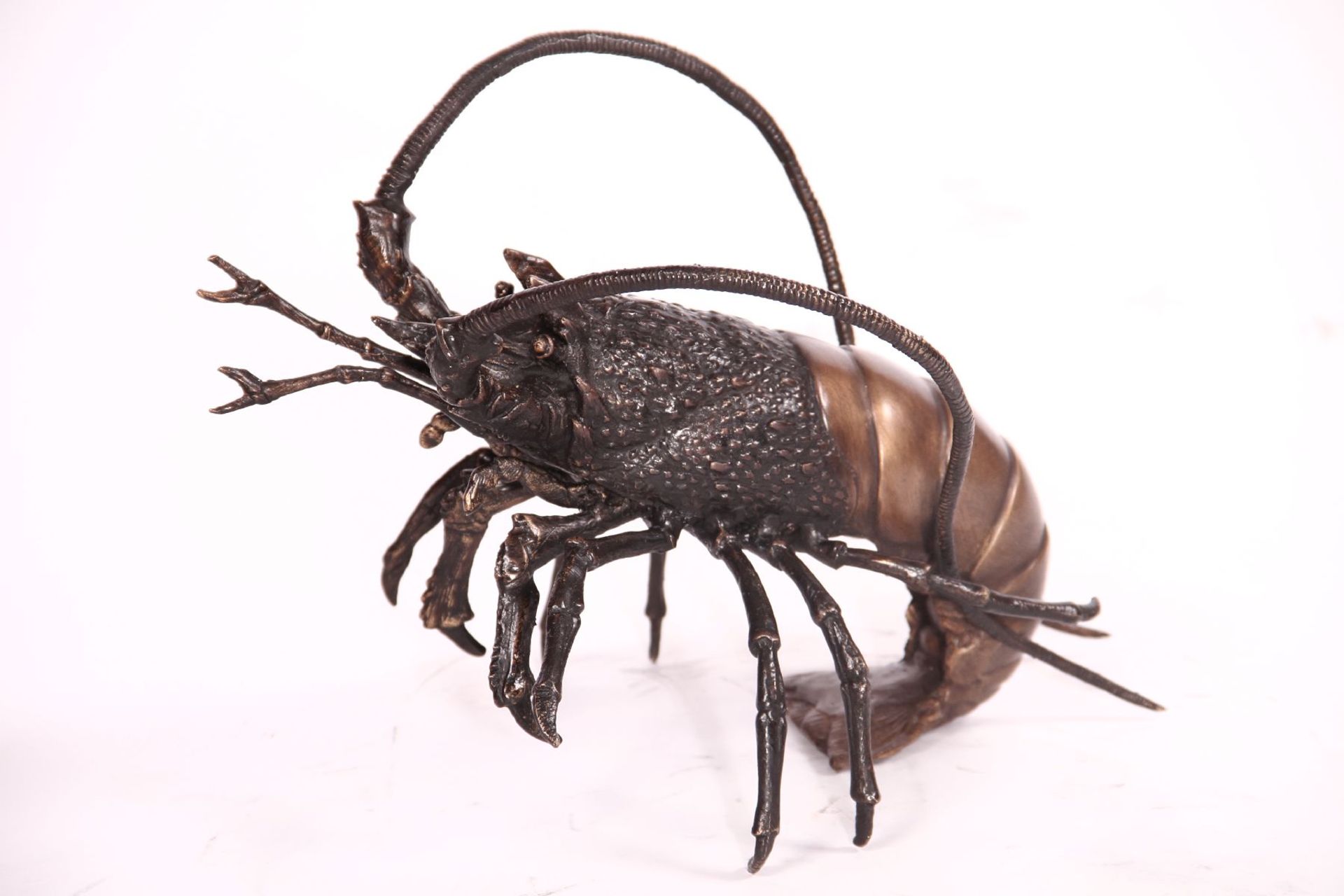 Lobster, bronze, dark and golden brown patinated, naturalistic vivid representation, life-size,