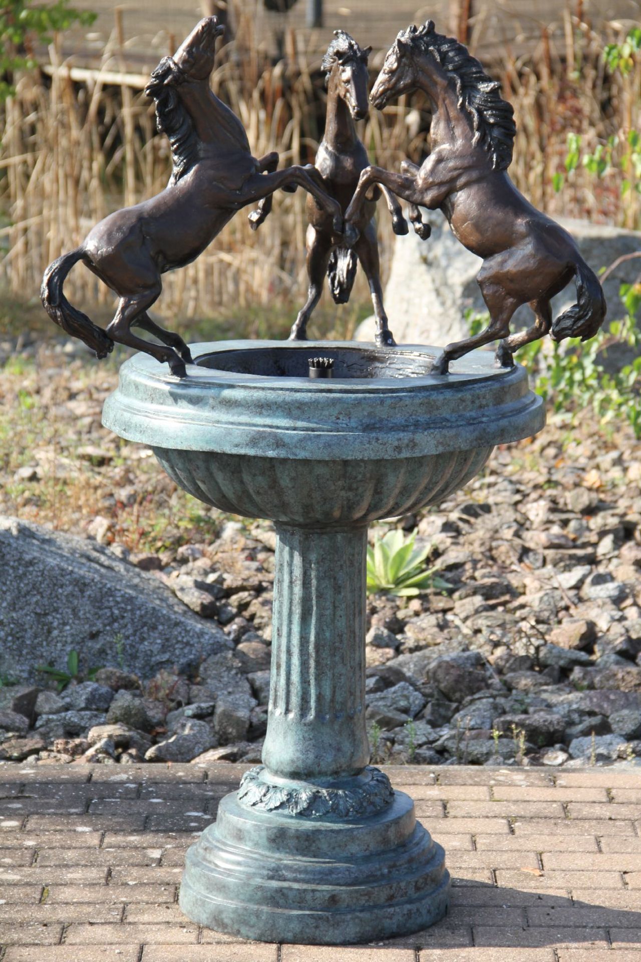 Horse fountain, bronze, turquoise, brown and golden brown patinated, fountain bowl and column