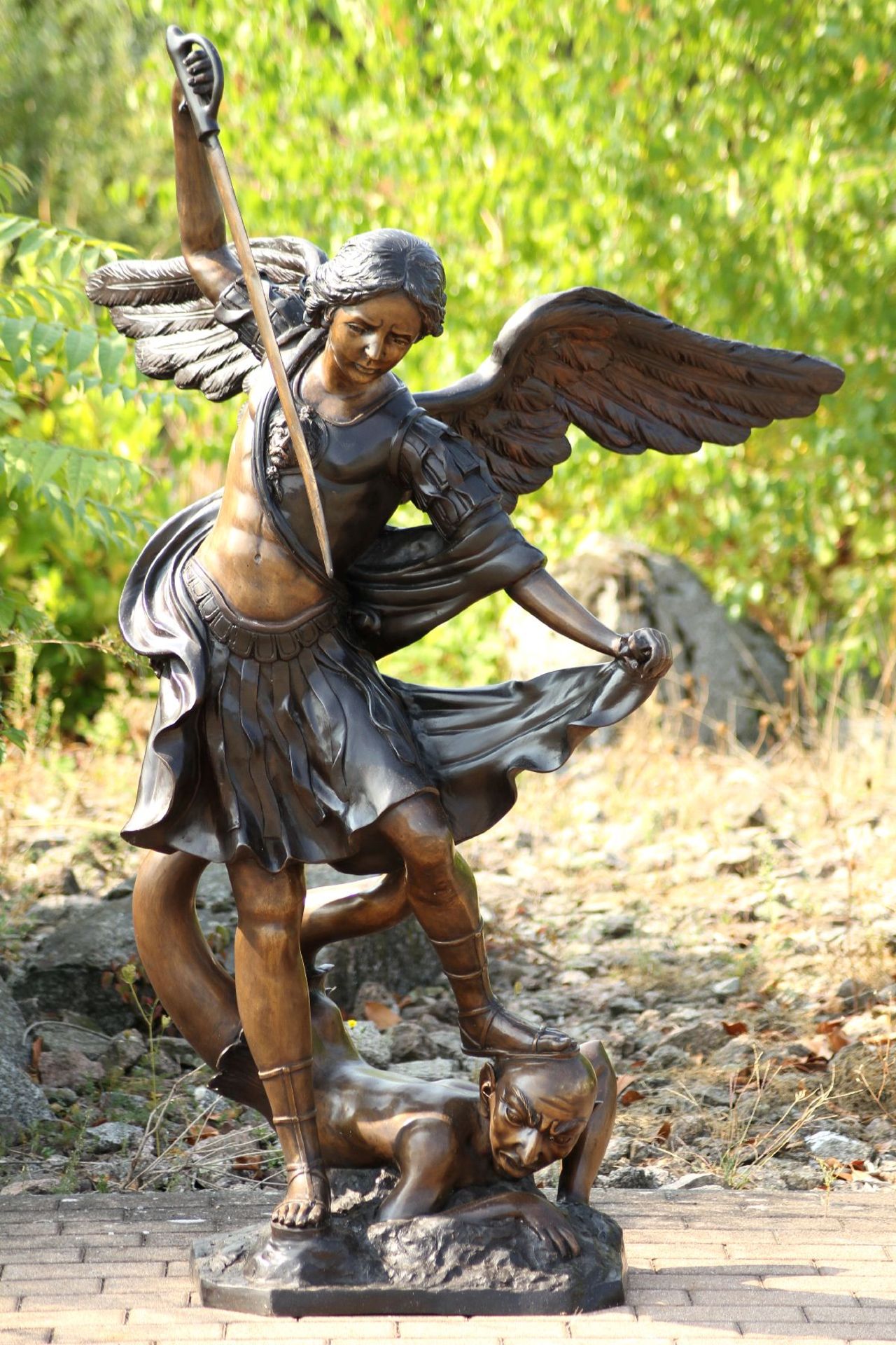 Archangel Michael as a conqueror of Satan, bronze, in different shades of brown and anthracite