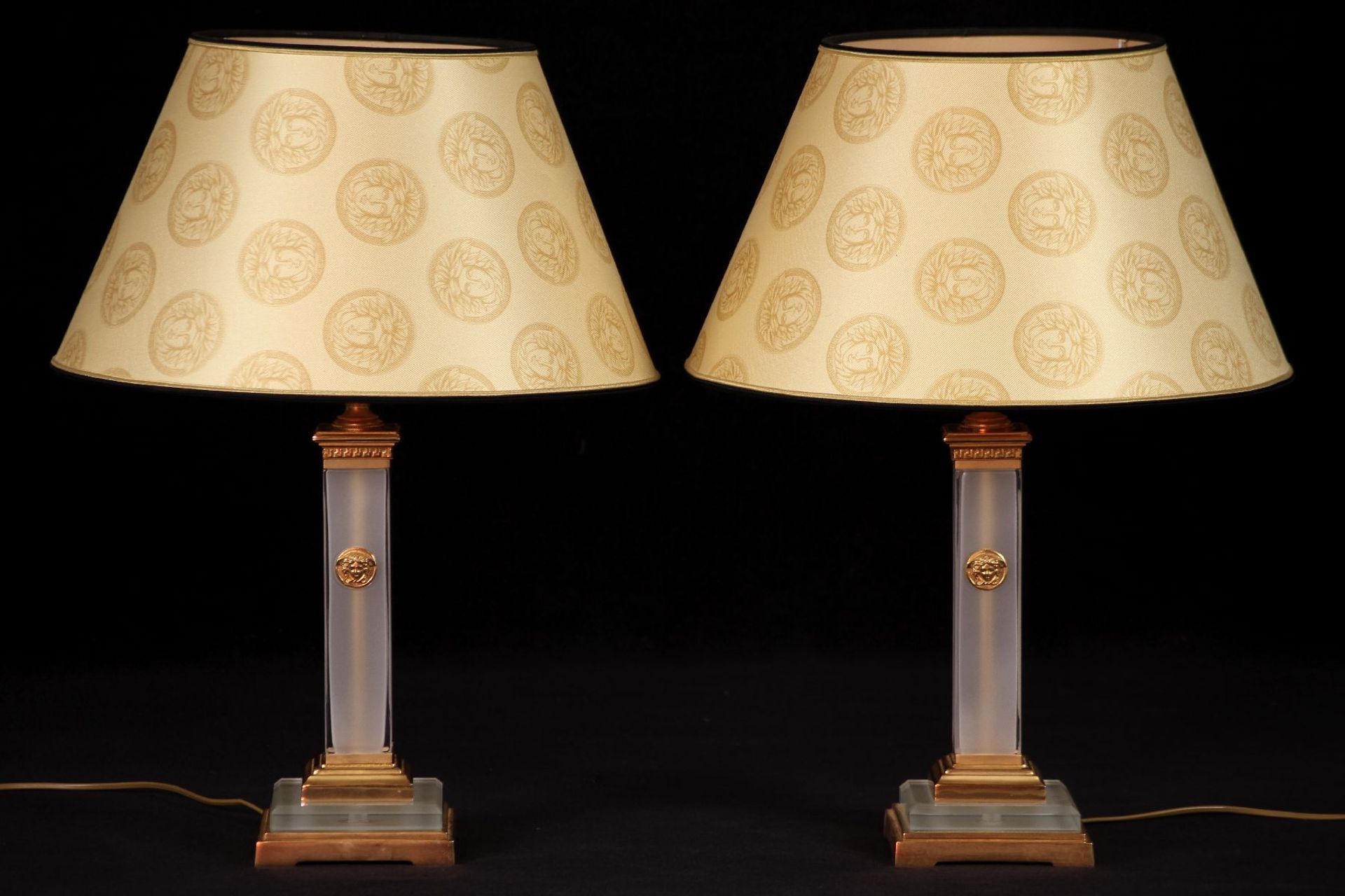 2 table lamps, Italy, gold-plated metal, frosted glass elements, front of the shaft with metal