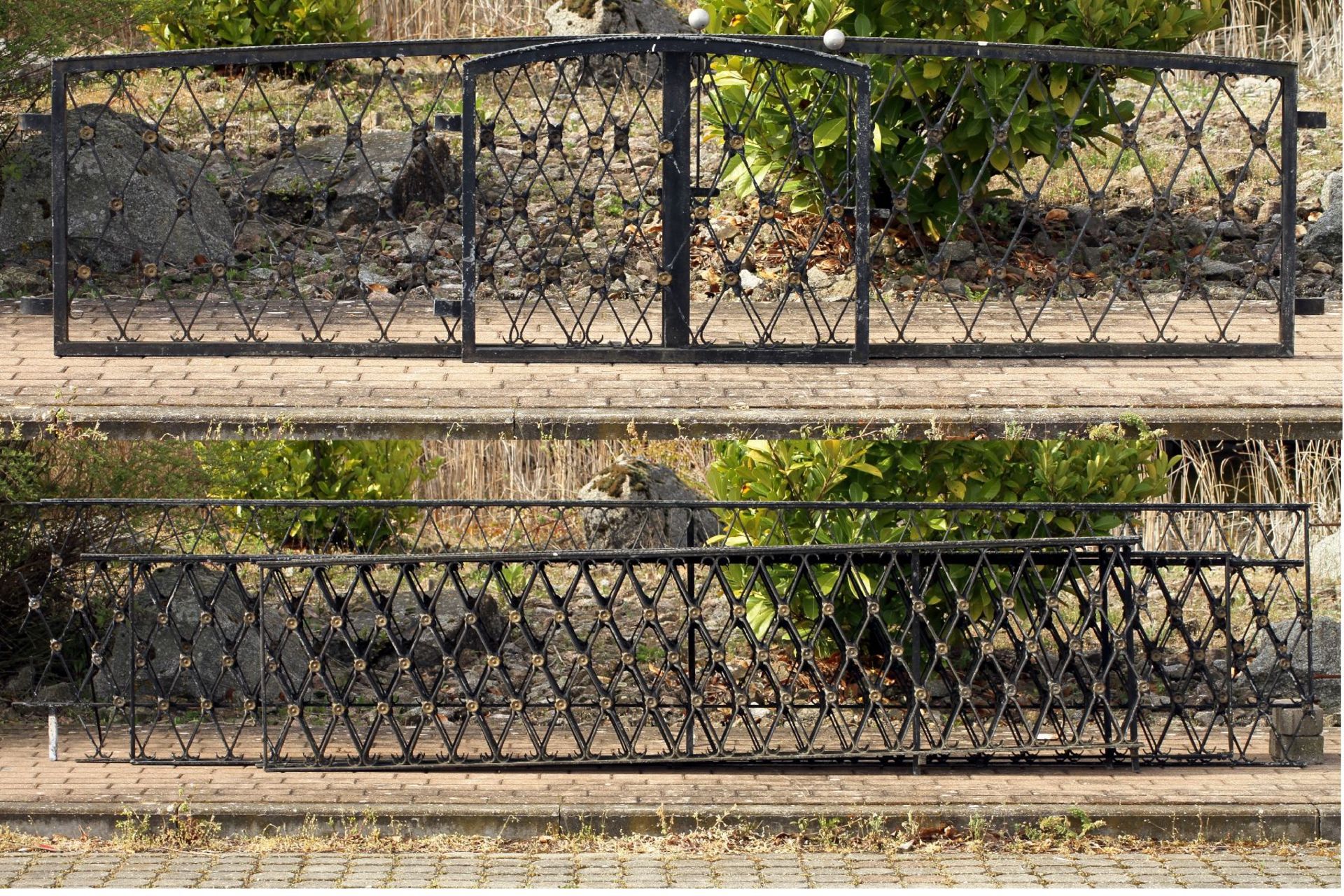 6 Fence Elements with Swing Gate and Entrance Door, iron and wrought iron, rosette decorations